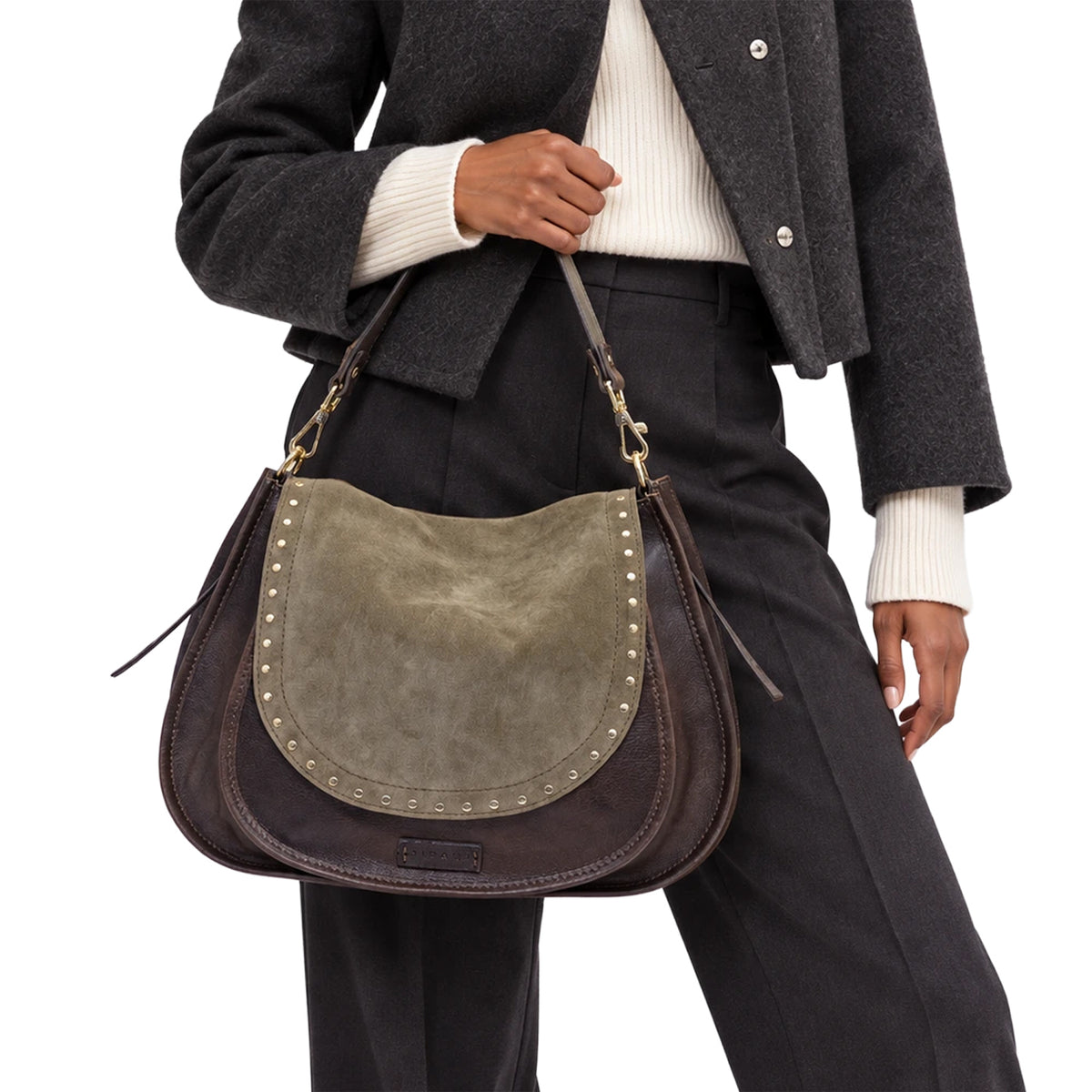 RIPANI Bina 1081MC Borsa a Spalla L Marrone con Patta Tortora in Pelle Scamosciata Made in Italy