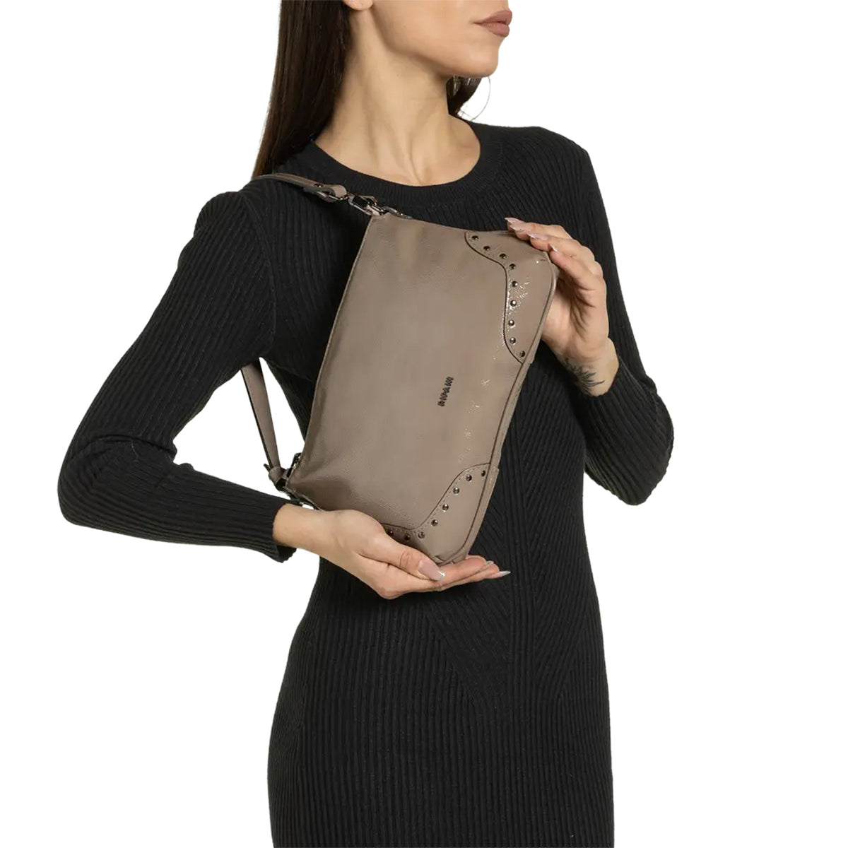 RIPANI MARYAM 1381QQ Borsa a Spalla S Tortora in Pelle Effetto Vernice Made in Italy