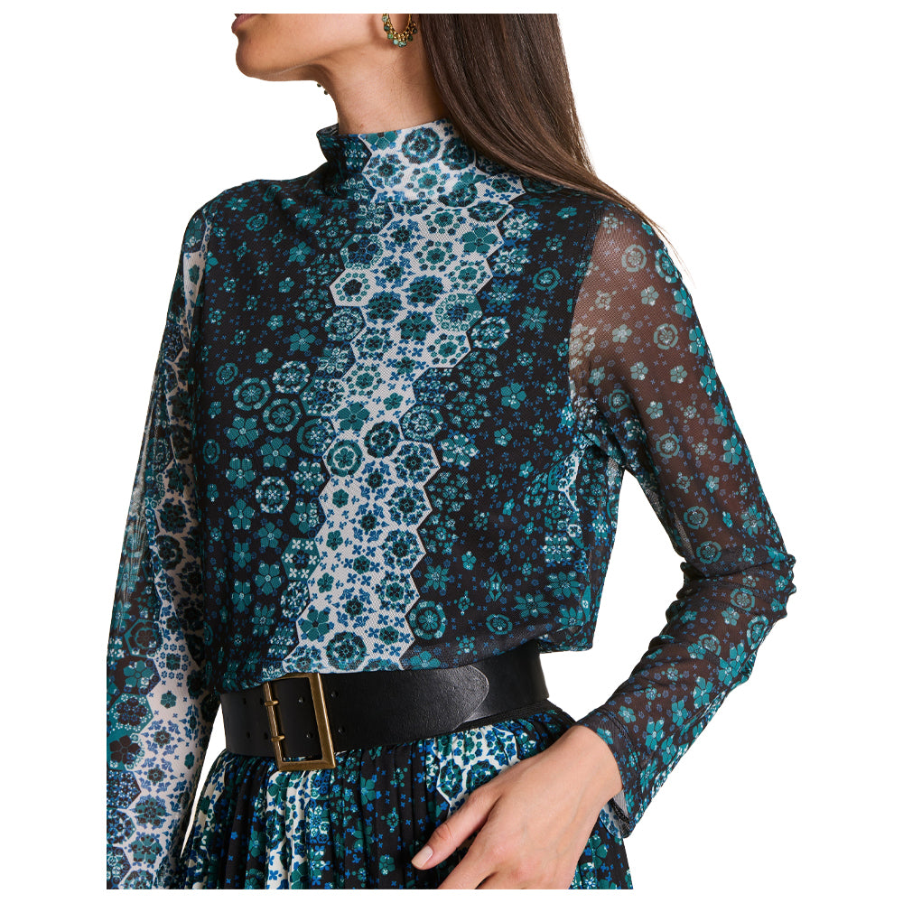LA FEE MARABOUTEE t-shirt donna tulle stampato blu/azzurro collo lupetto EZRA-G