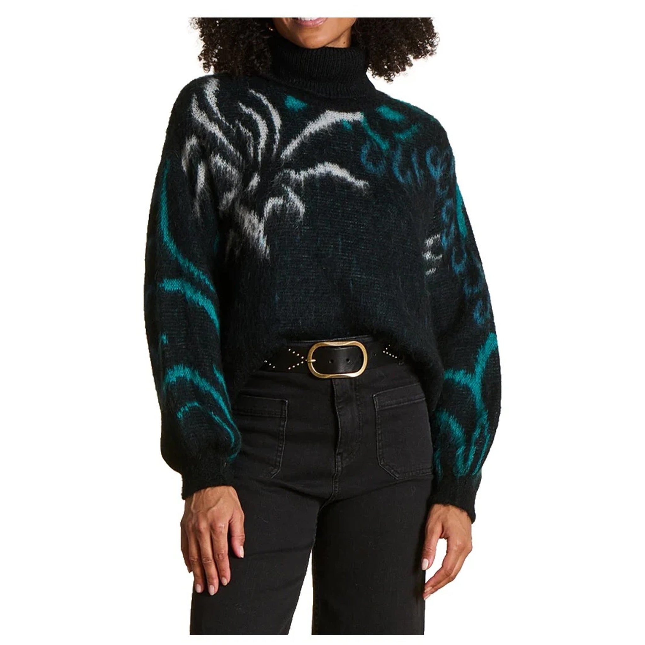LA FEE MARABOUTEE – Maglia collo alto jacquard nero/petrolio (EZEPICE)