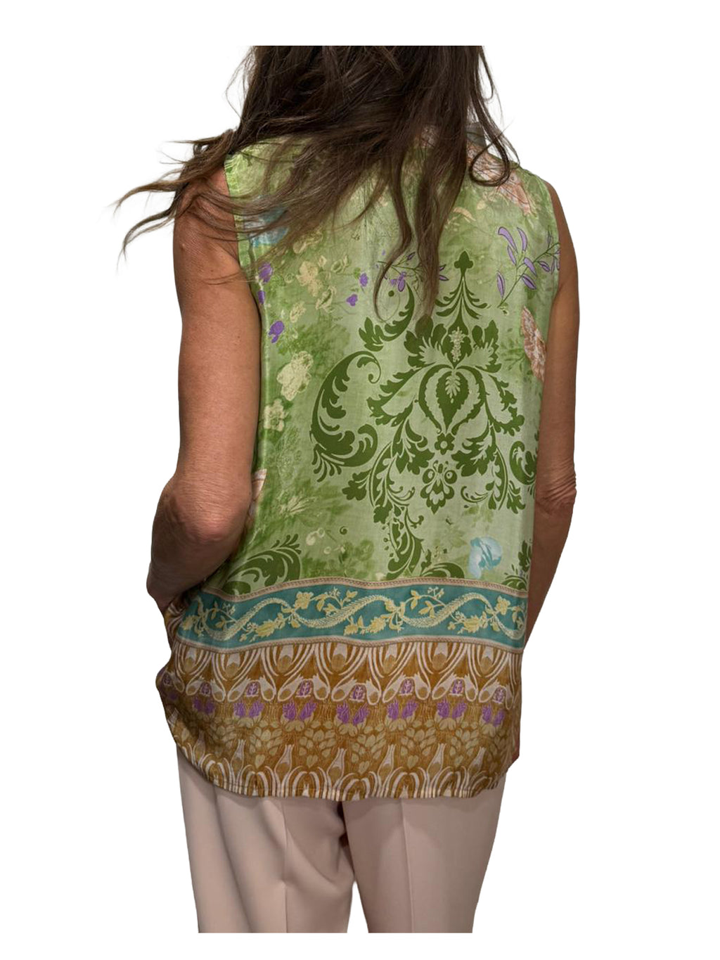 WU’SIDE camicia smanicata donna verde fantasia art. CTA 26330 in viscosa Made in Italy
