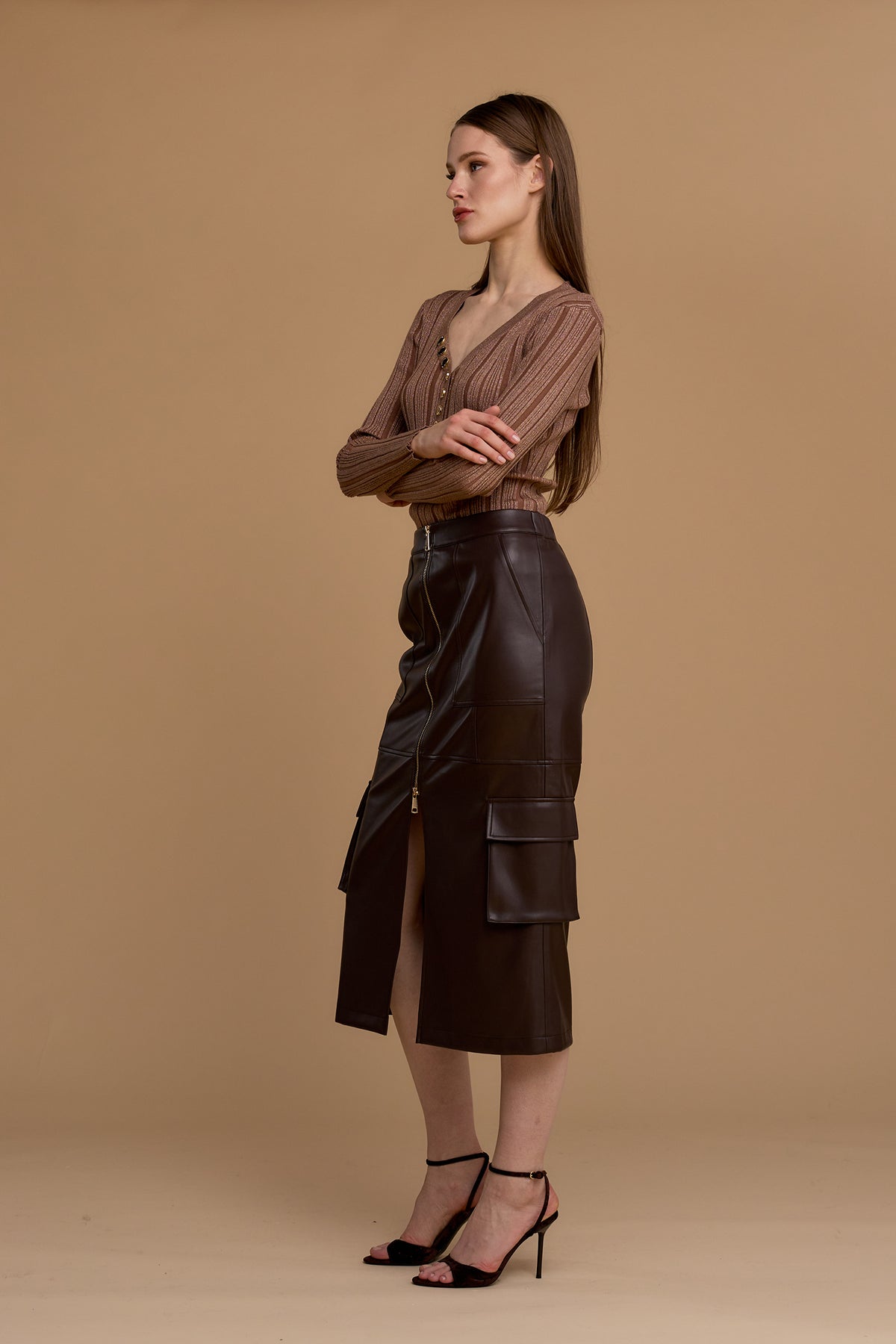 NOSECRETS gonna cargo midi dritta in simil pelle COLORE FONDENTE