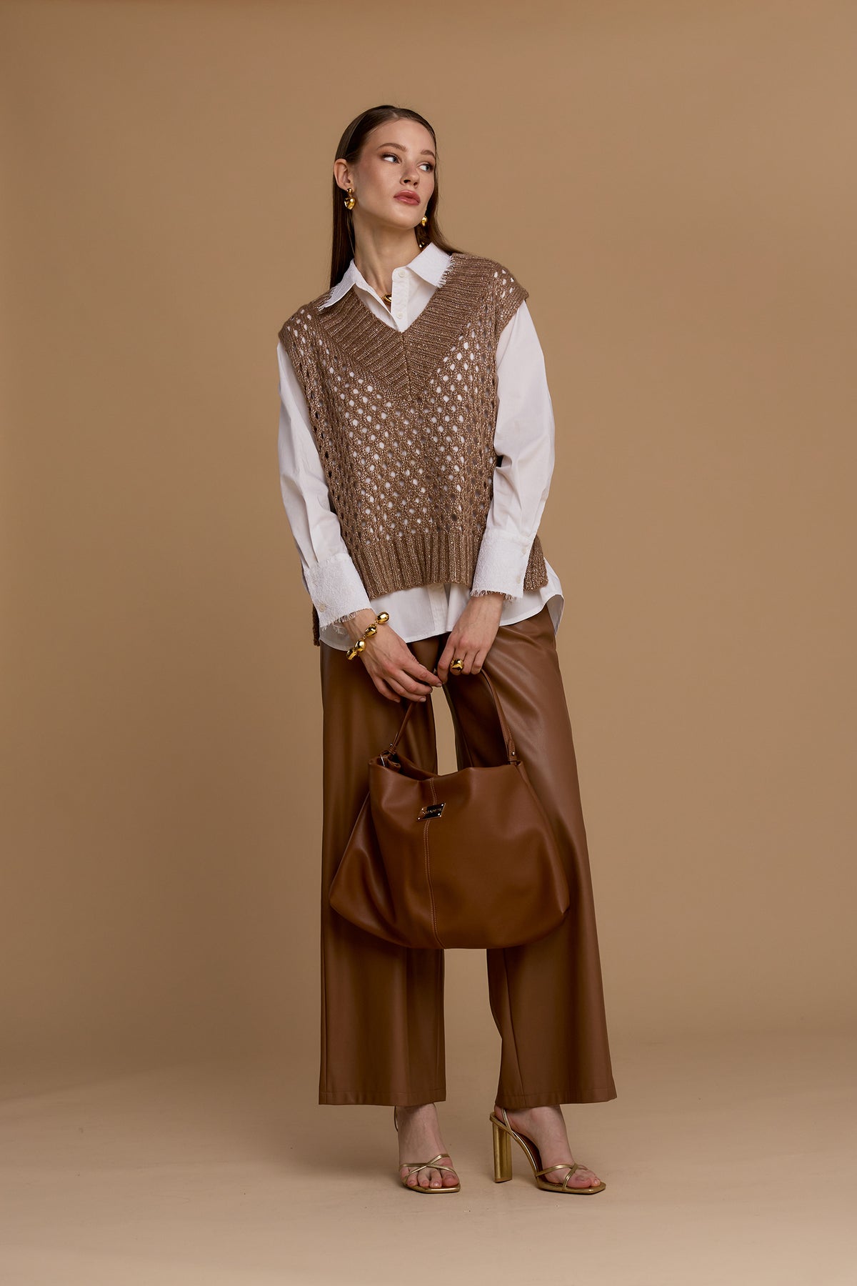 NOSECRETS gilet smanicato colore cannella in maglia traforata taglio ampio scollo a V 263NS141