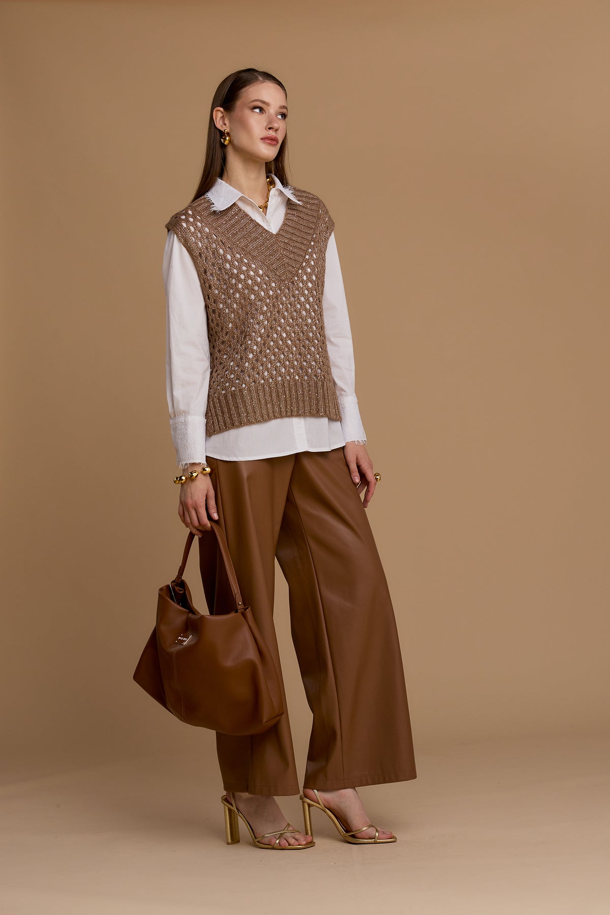 NOSECRETS gilet smanicato colore cannella in maglia traforata taglio ampio scollo a V 263NS141