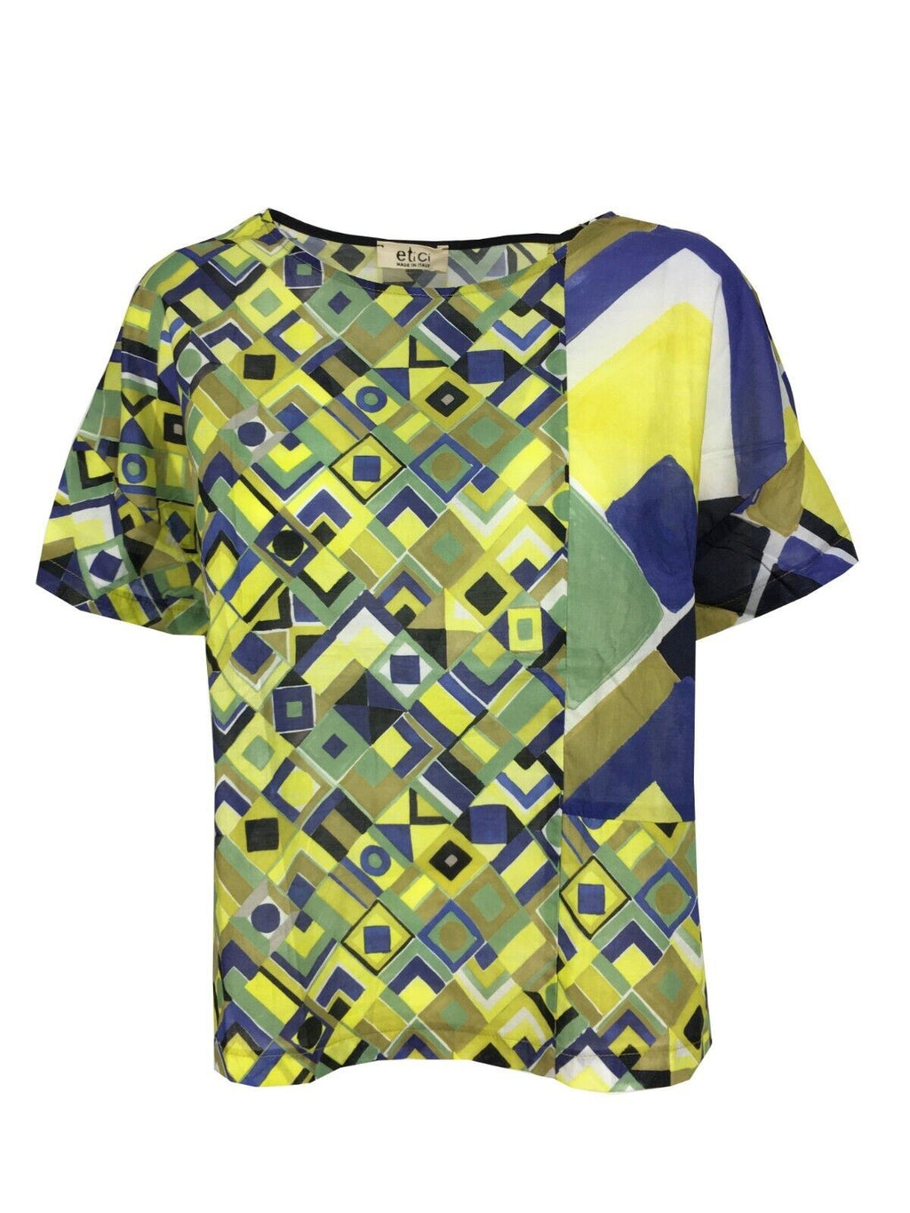 ETICI blusa donna mezza manica fantasia bluette/giallo/verde E2/5768 100% cotone MADE IN ITALY