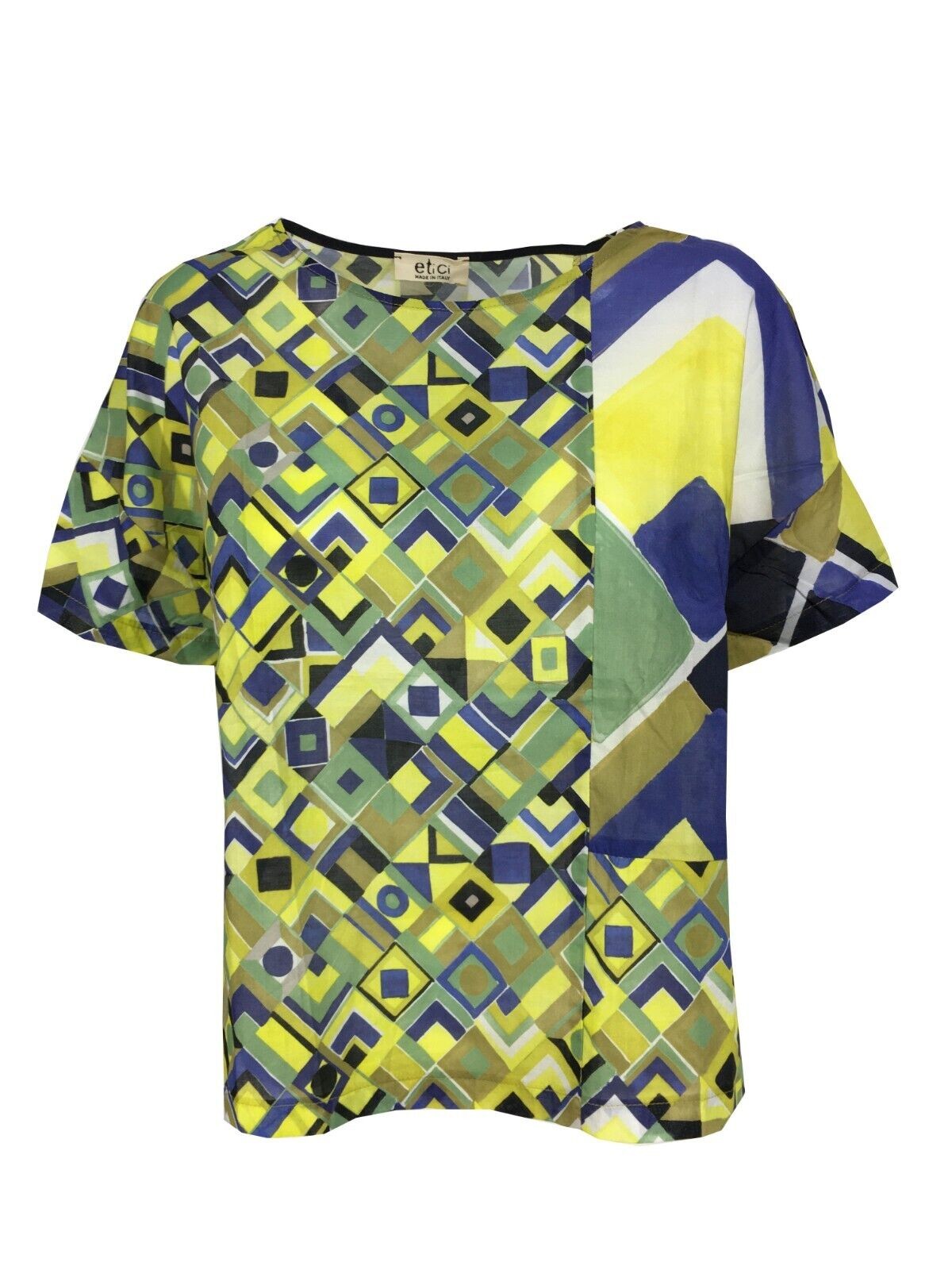 ETICI blusa donna mezza manica fantasia bluette/giallo/verde E2/5768 100% cotone MADE IN ITALY