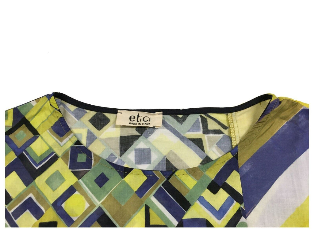 ETICI blusa donna mezza manica fantasia bluette/giallo/verde E2/5768 100% cotone MADE IN ITALY