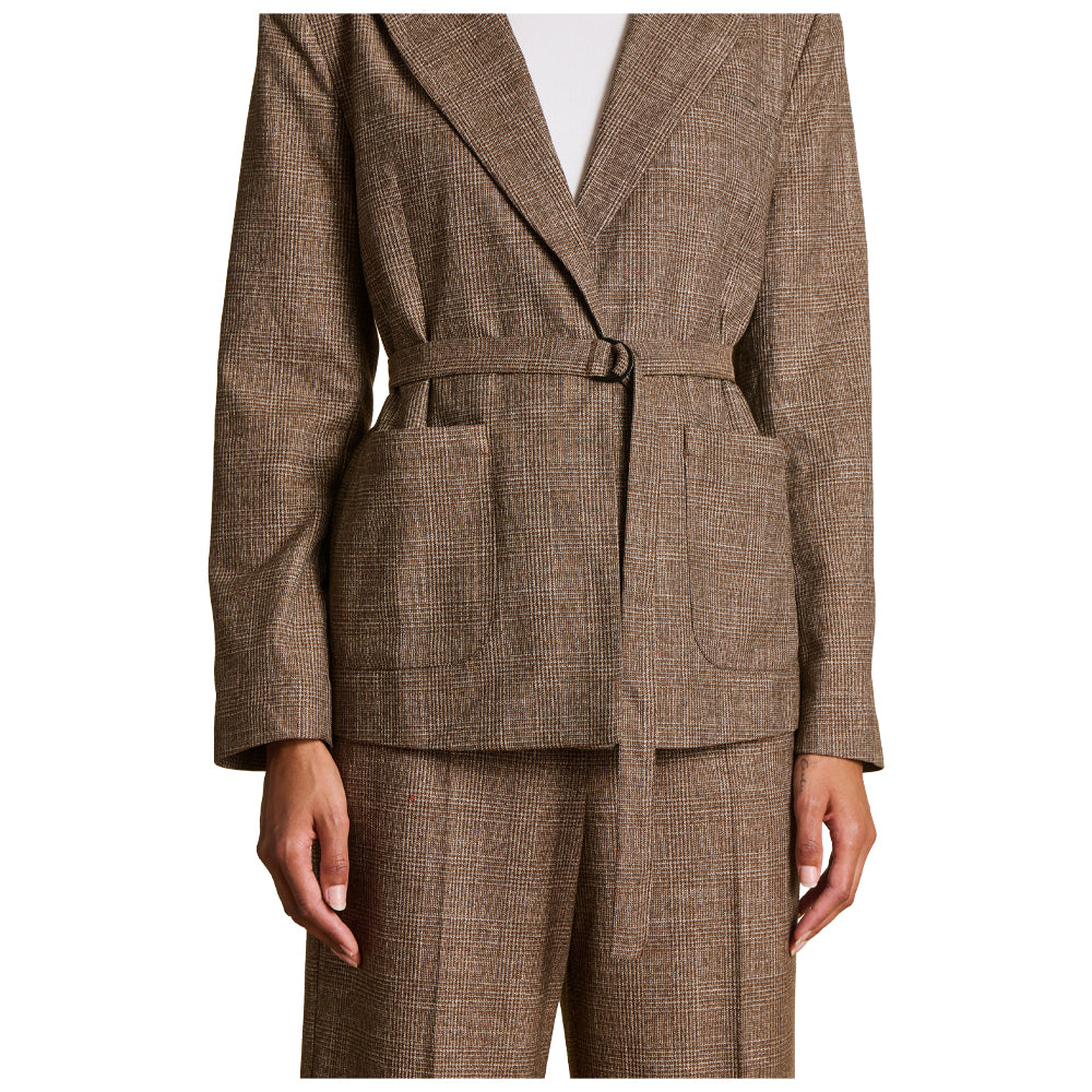 LA FEE MARABOUTEE giacca donna con cintura principe di Galles marrone/beige ENEKO-P