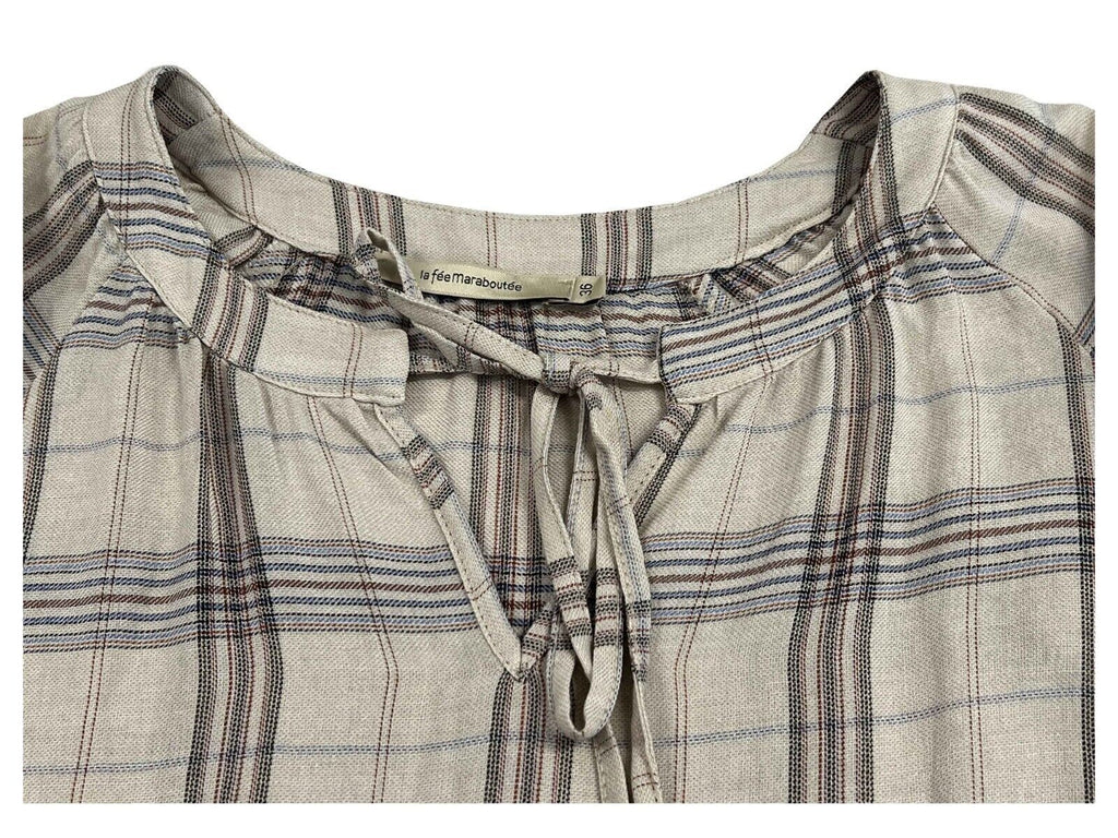 LA FEE MARABOUTEE blusa donna ecru quadri blu/cammello FE-TO-RUNE-S  MADE IN ITALY