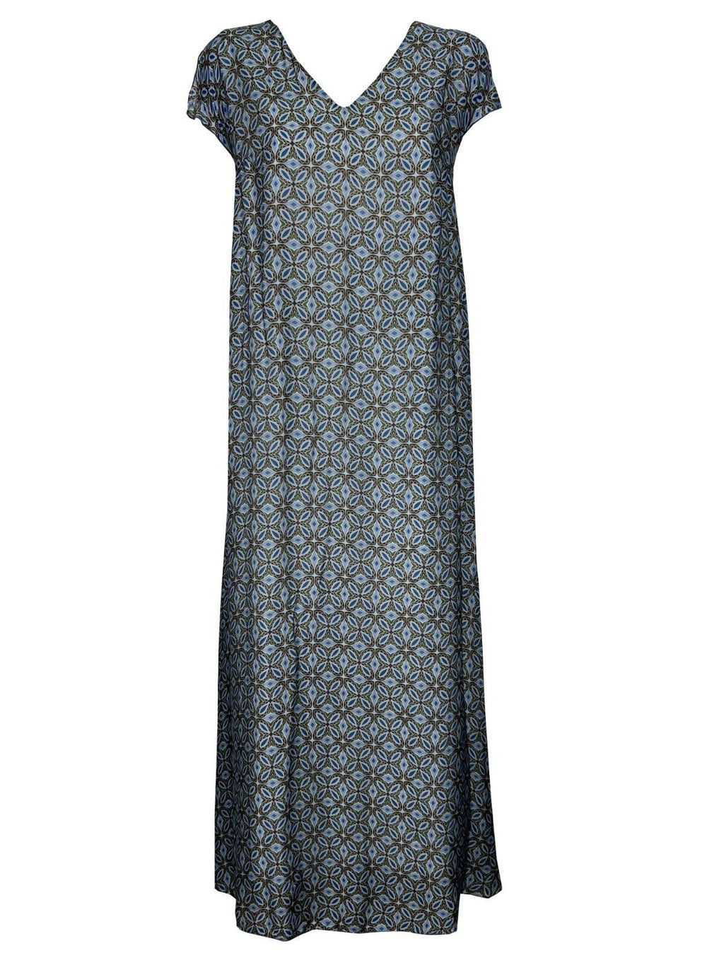 ETICI abito donna lungo fantasia celeste/marrone art A2/5714 60% viscosa 30% seta MADE IN ITALY