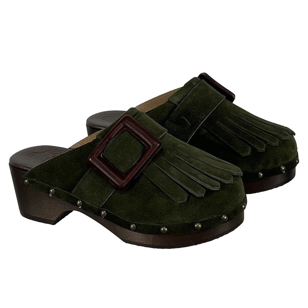 ANTIDOTI zoccolo donna scamosciato verde con frange FIBBY VE  100% pelle MADE IN ITALY