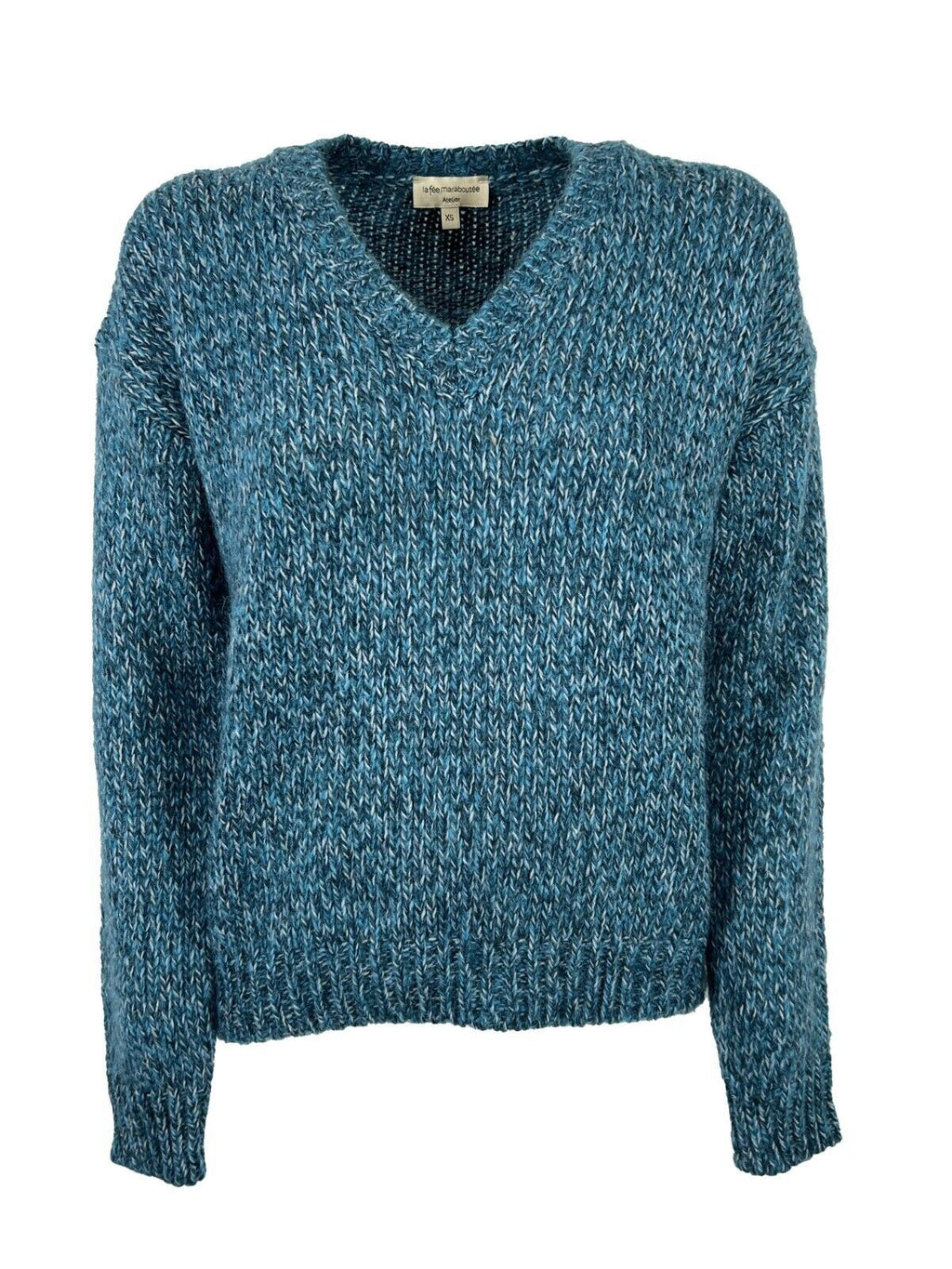 LA FEE MARABOUTEE maglia donna a v  petrolio melange TOUXI MISTO LANA MADE IN ITALY