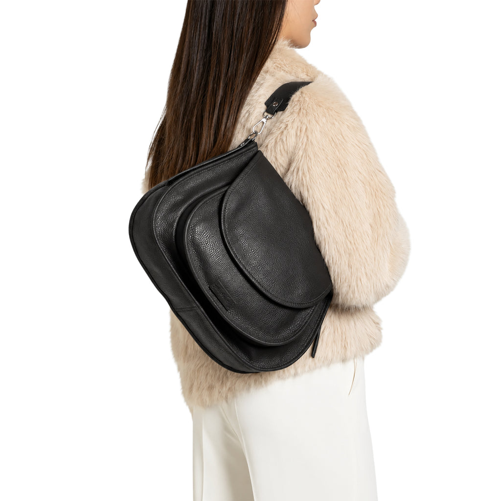 RIPANI Bina 1081OJ Borsa a Spalla L Nera in Pelle Effetto Cervo Made in Italy