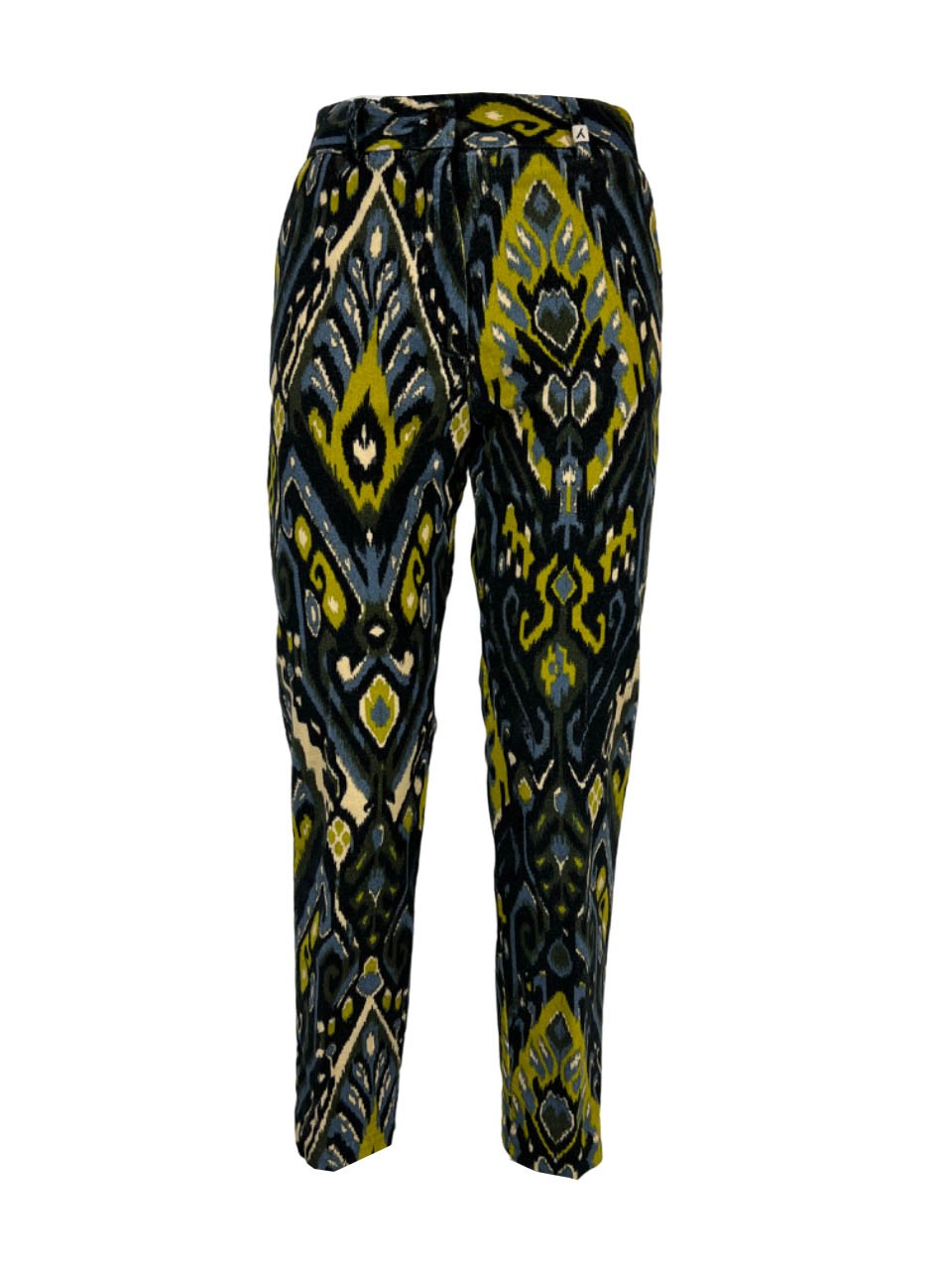 MYTHS pantalone donna slim velluto liscio fantasia blu/lime WD07 431 MADE IN ITALY
