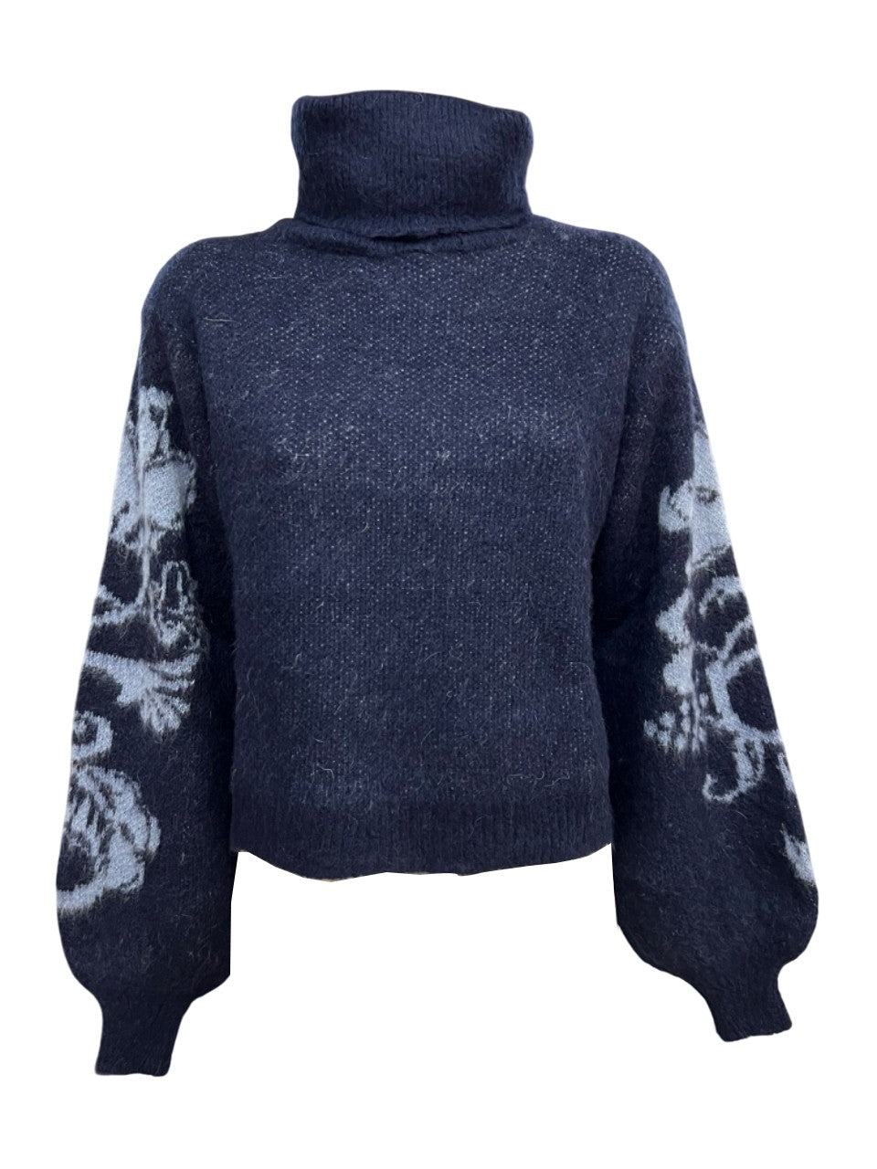 LA FEE MARABOUTEE maglia donna blu con disegni sulle maniche celesti ZEPICES MADE IN ITALY