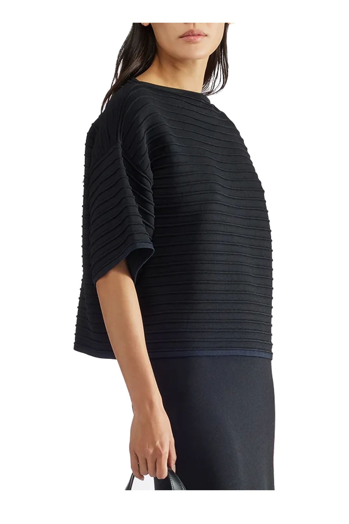 LIVIANA CONTI maglia motivo a rilievo nero profili blu a scatola F5SA42 MADE IN ITALY