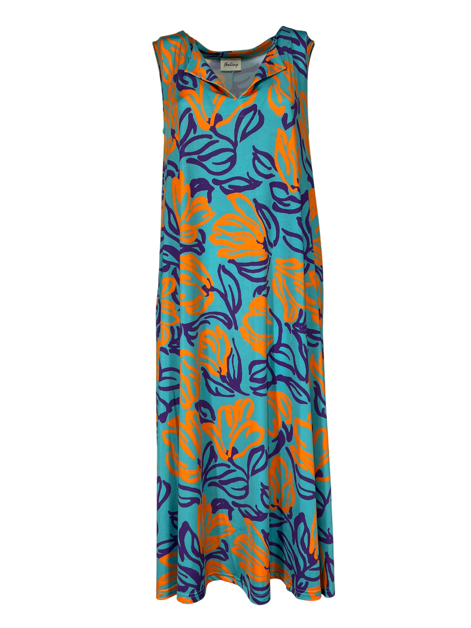 FEELING by JUSTMINE abito svasato acqua/arancio/viola  E2699 6102 ABITO MIDI MADE IN ITALY