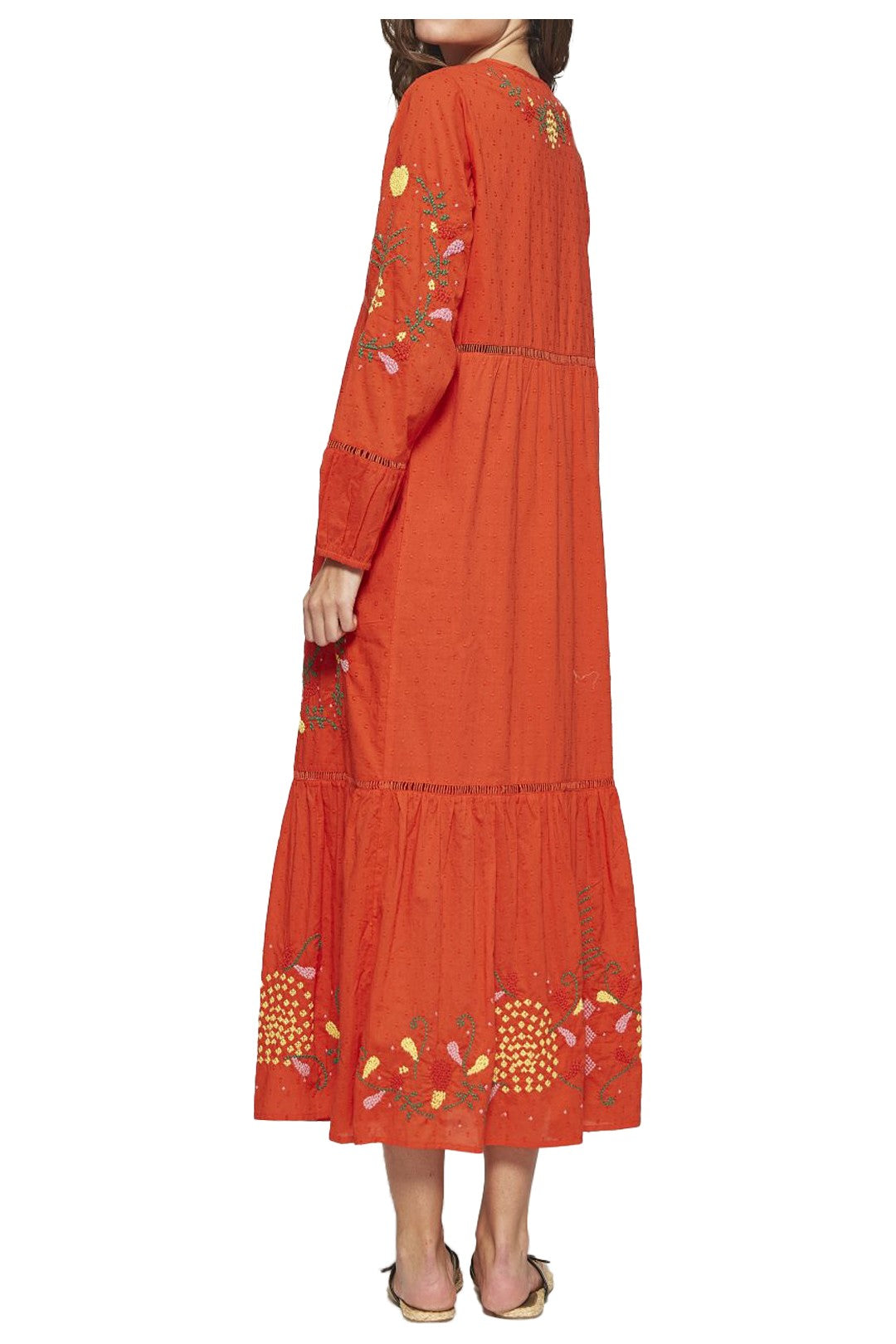 MD’M abito donna arancio scuro con ricami multicolor balza finale 2.75.100.05 100% cotone