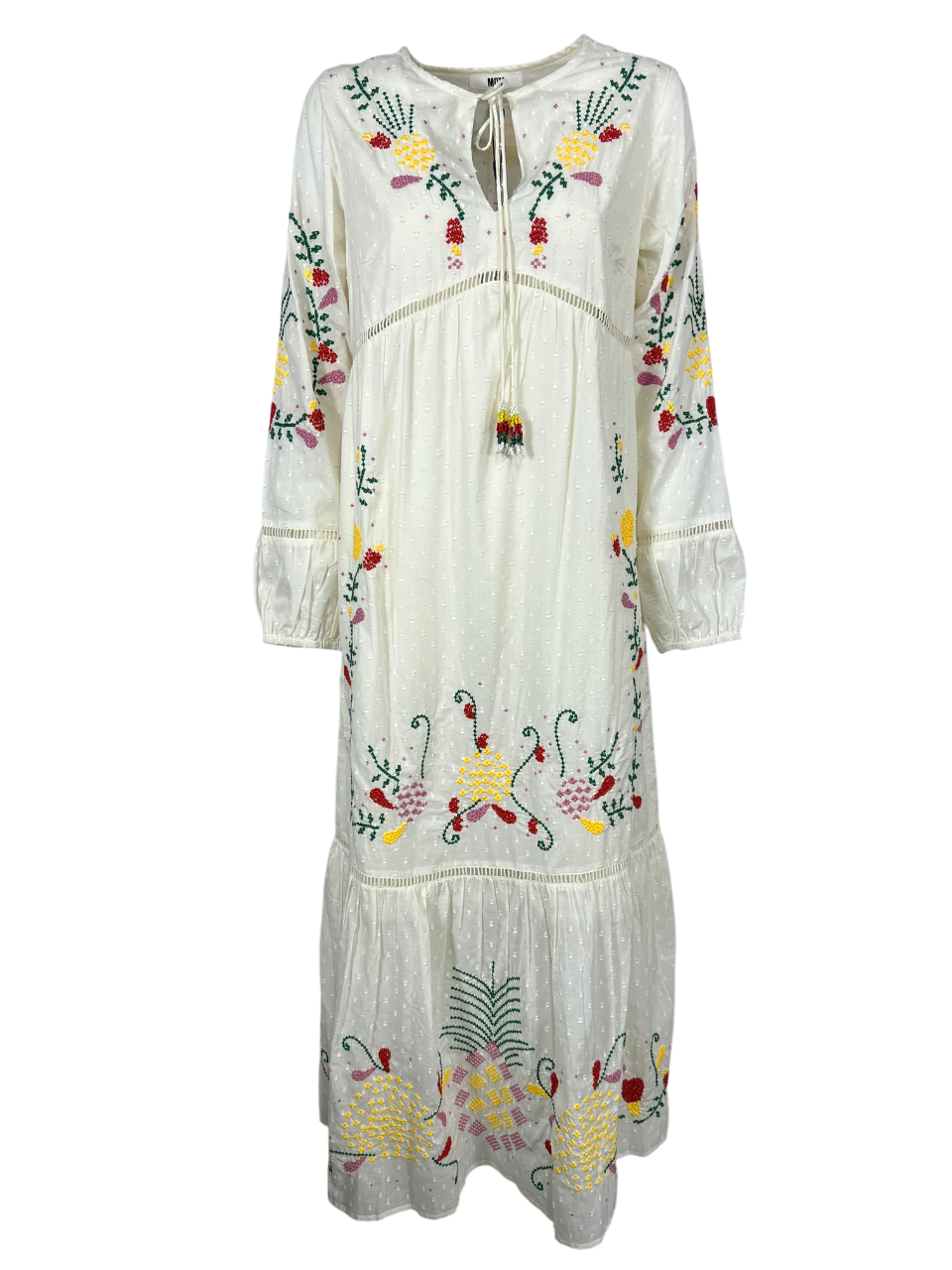 MD’M abito donna avorio con ricami multicolor balza finale 2.75.100.05 100% cotone