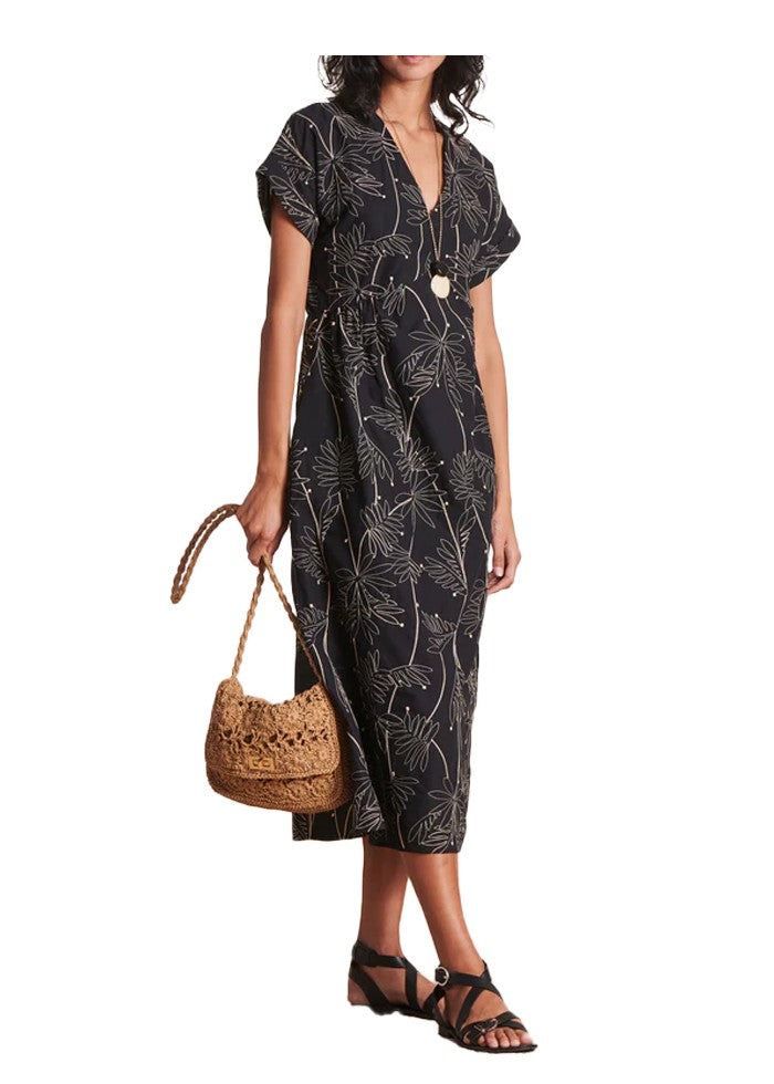 LA FEE MARABOUTEE abito lungo cotone nero ricamato ecru DARLING-E MADE IN ITALY