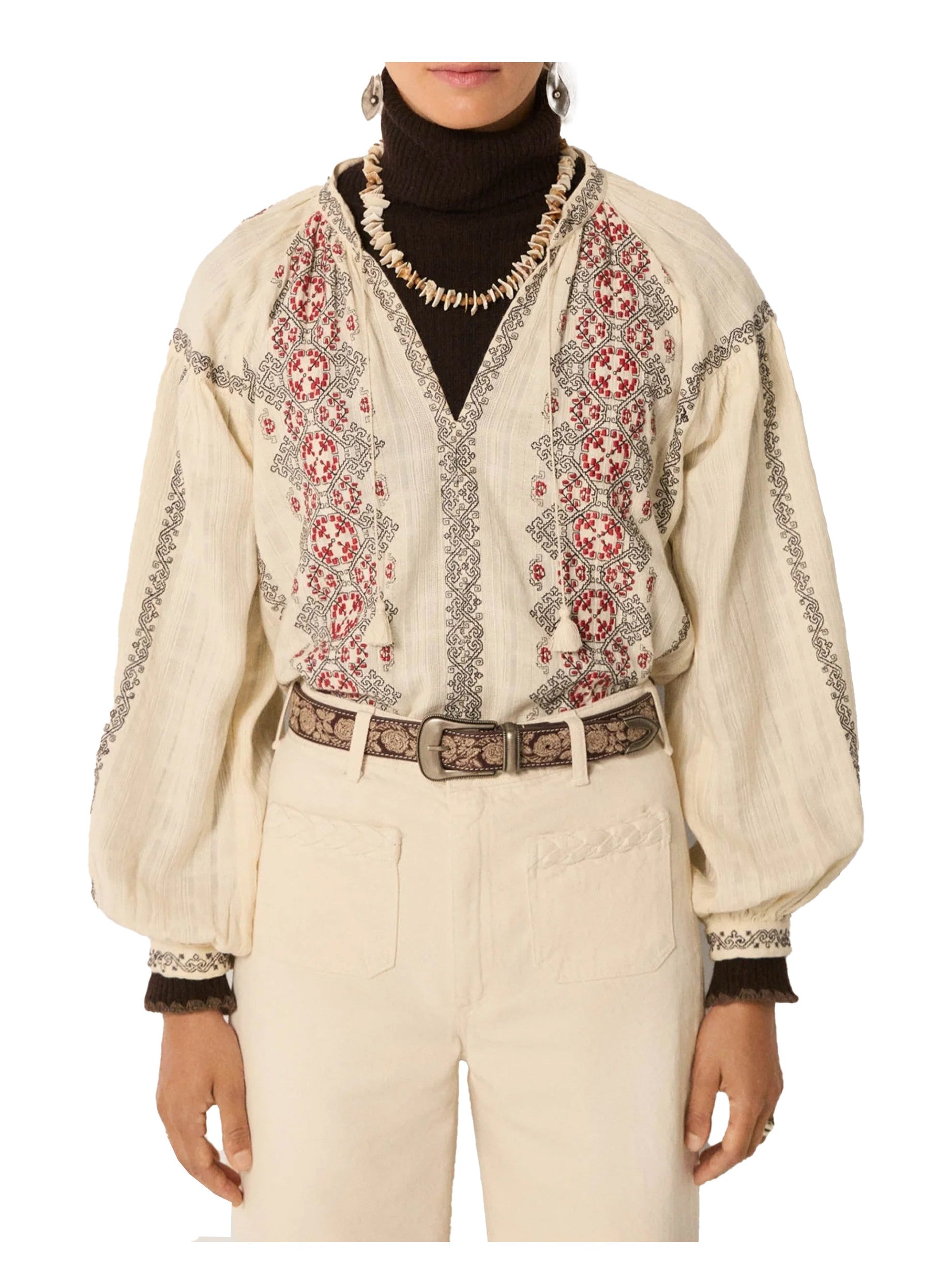 MAISON HOTEL Blusa Donna Ecrù Cotone Ricami Contrasto Manica Lunga VIRGINIA