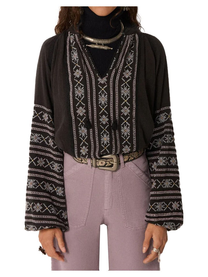 MAISON HOTEL Blusa Donna Blu Nero Cotone Ricami Contrasto VIRGINIA DUSTY BLUE