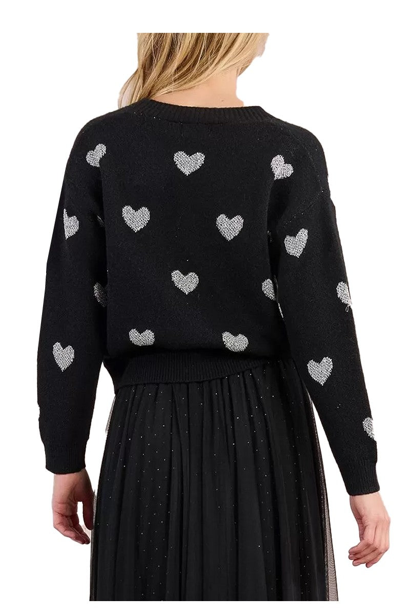 MOLLY BRACKEN LA1775DN – Cardigan corto nero con cuori in lurex argento