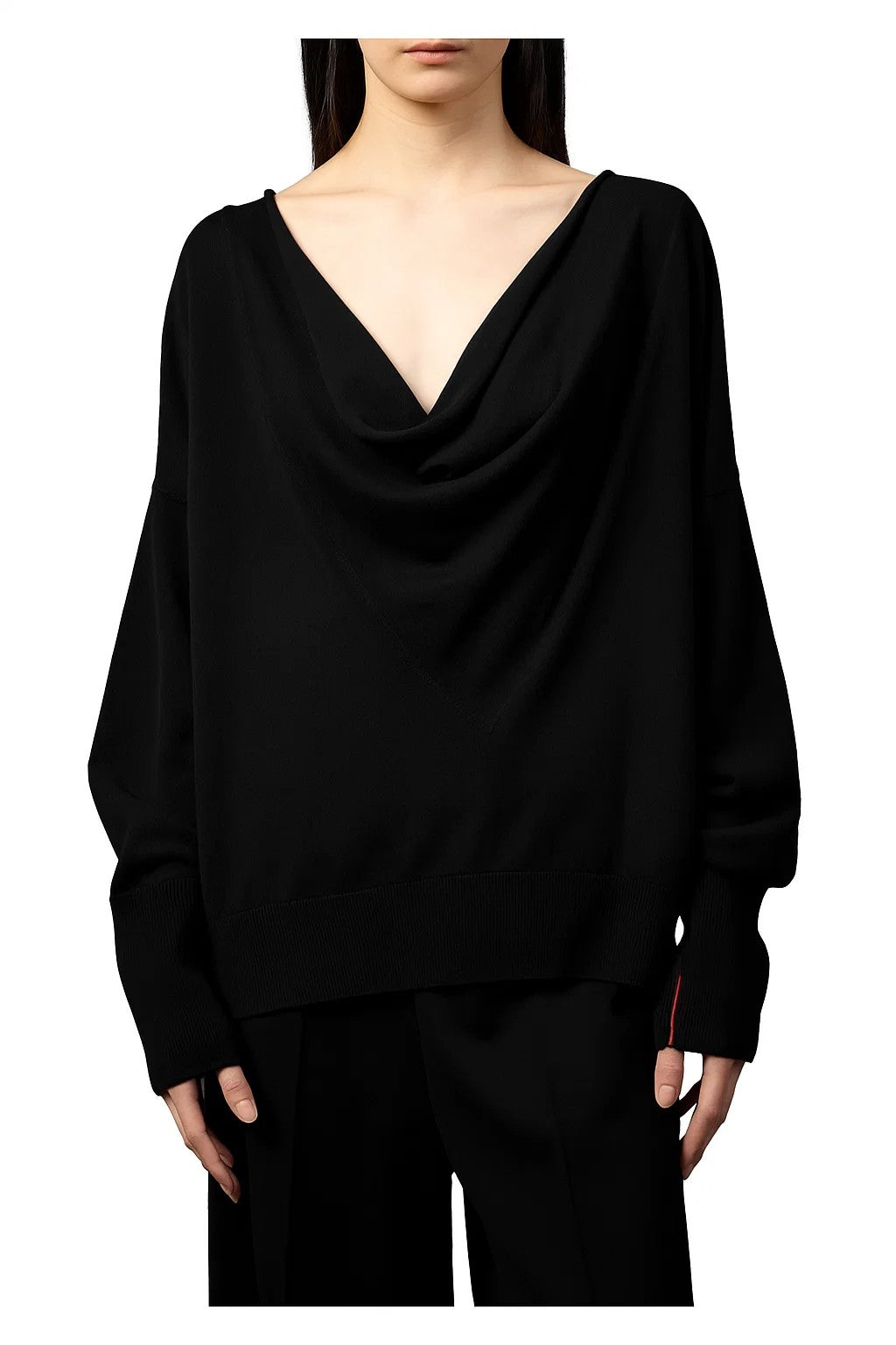 LIVIANA CONTI maglia donna nera con ampio scollo a cascata L5WB06 PRISCA 100% lana MADE IN ITALY