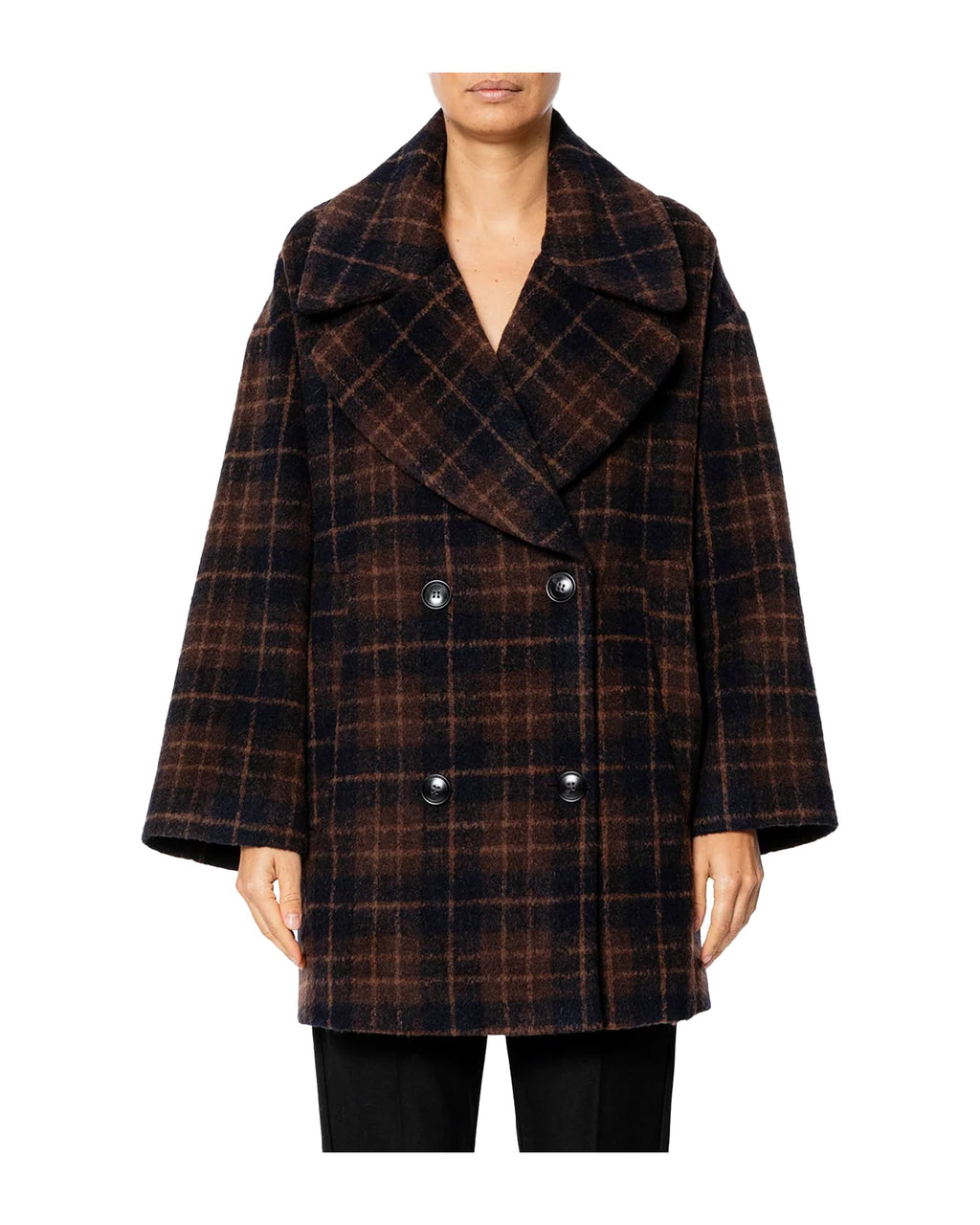 RUE BISQUIT RW1518 giaccone doppiopetto over check marrone/blu – 85 cm