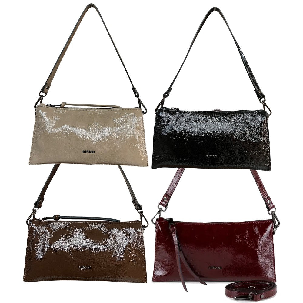 RIPANI E334QQ PATRIZIA – Borsa a spalla S in pelle effetto vernice con tracolla, triplo scomparto (Made in Italy)