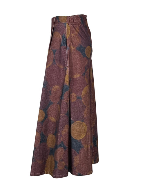 4.10 by BottegaChilometriZero DD25338 – Gonna lunga svasata in velluto stampato burgundy/senape/nero (Made in Italy)