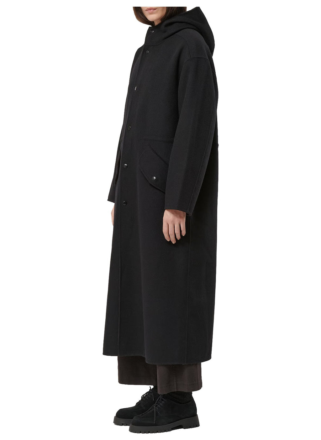 HUMILITY maxi cappotto donna lana bicolore nero marrone cappuccio RCS