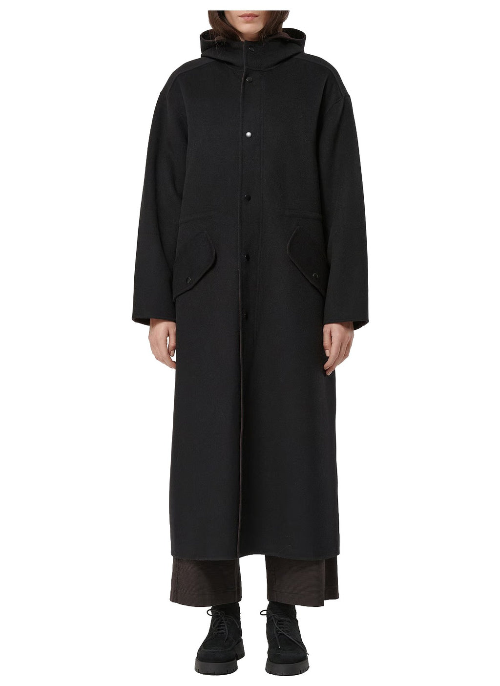 HUMILITY maxi cappotto donna lana bicolore nero marrone cappuccio RCS