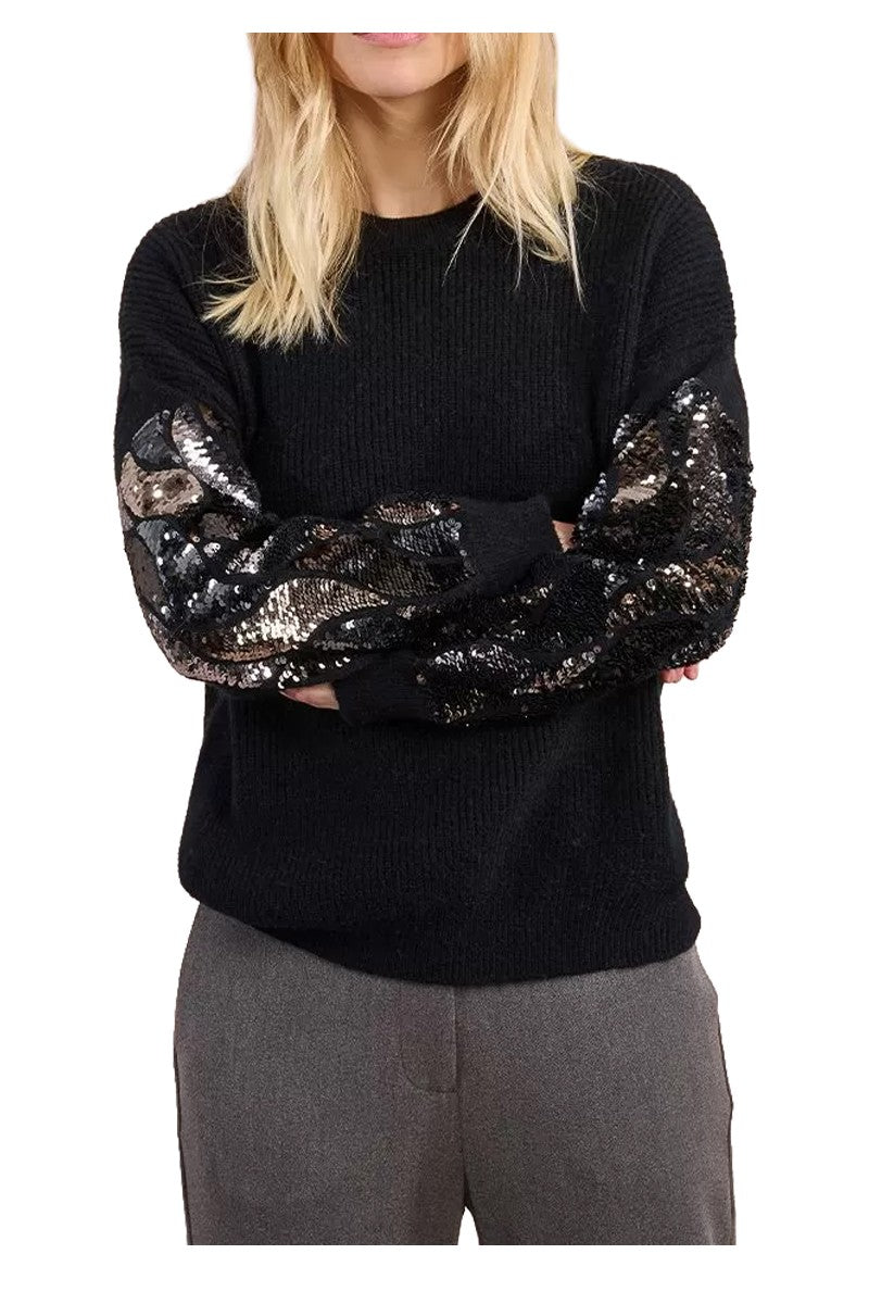 Molly Bracken Maglia Donna Girocollo Nera a Coste con Maniche in Paillettes – LA1816DH