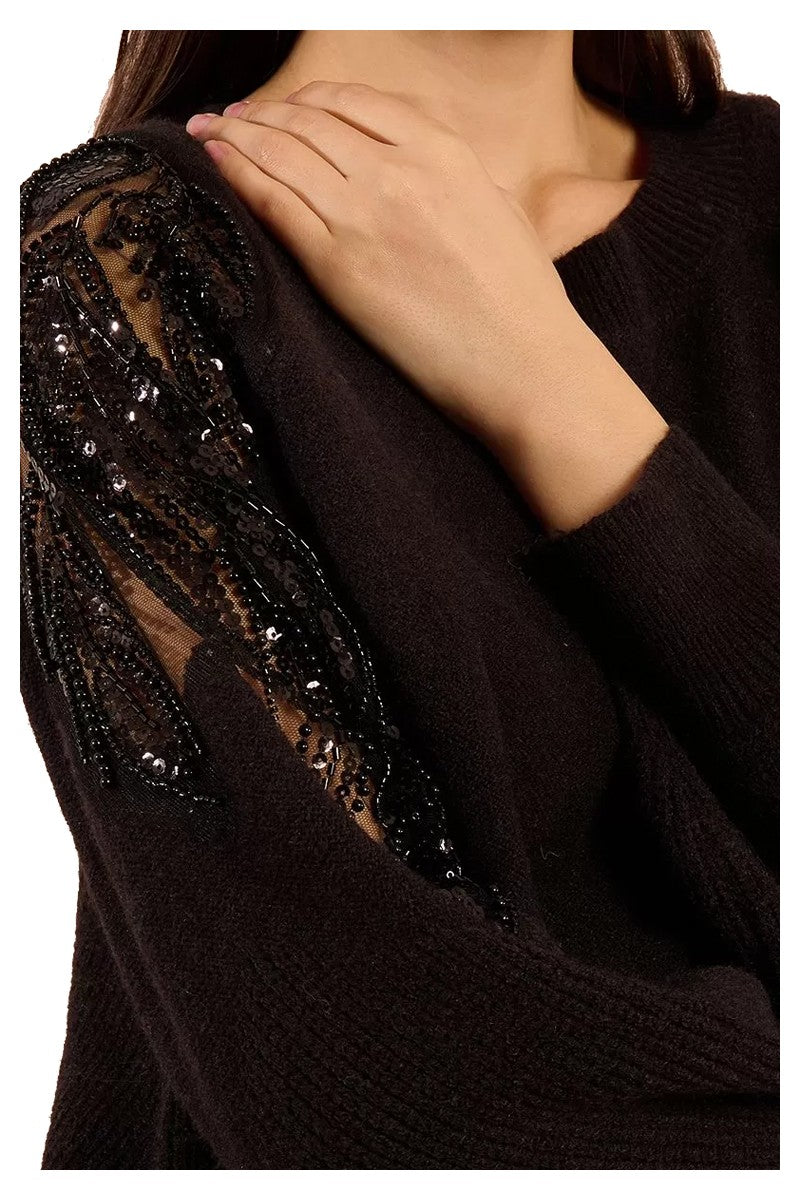 Molly Bracken Maglia Donna Nera con Spalle in Pizzo Traforato e Strass – LA1819DH