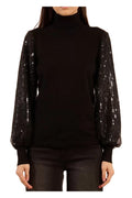 Molly Bracken Maglia Donna Collo Alto Nera con Maniche in Tulle e Paillettes – LA1835DH