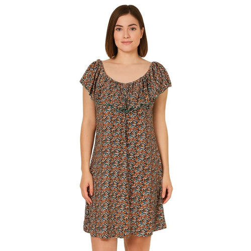 Abito donna elasticizzato JUSTMINE con scollo con volant emerald/orange/lila E2746 8028 Made in Italy