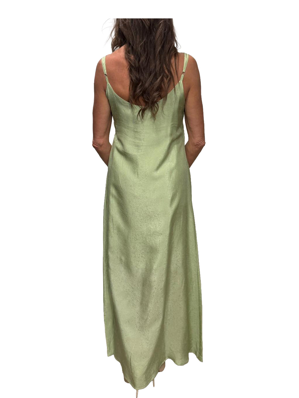 WU’SIDE abito lungo donna con spalline verde salvia art. AB 26325 in viscosa Made in Italy