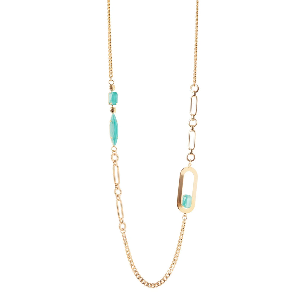 SODINI Collana Lunga Ribera Turchese e Oro con Catena Groumette, Cristalli e Charm