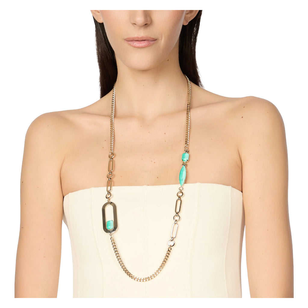 SODINI Collana Lunga Ribera Turchese e Oro con Catena Groumette, Cristalli e Charm