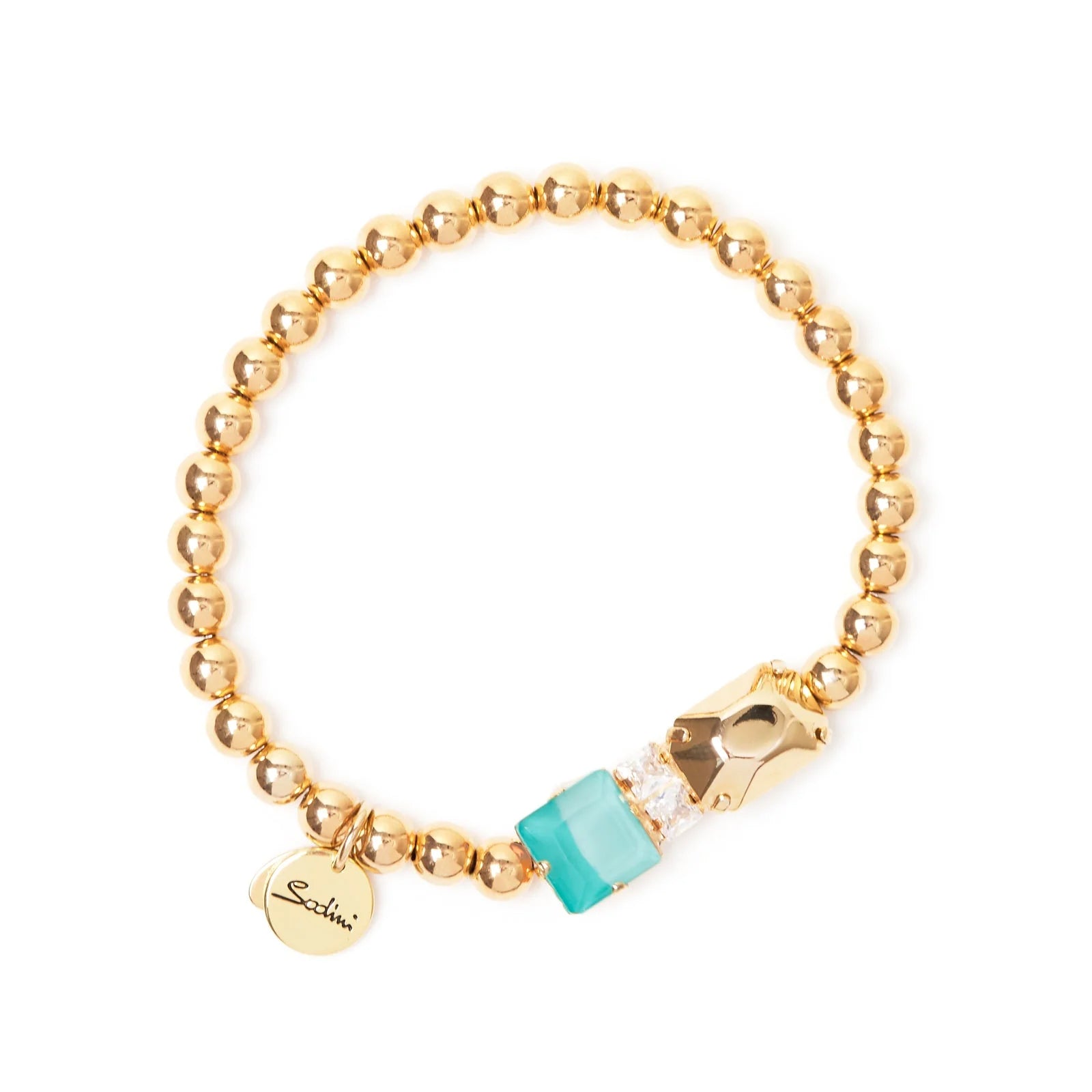 SODINI Bracciale Elastico Ribera Turchese e Oro con Boule, Cristalli e Charm