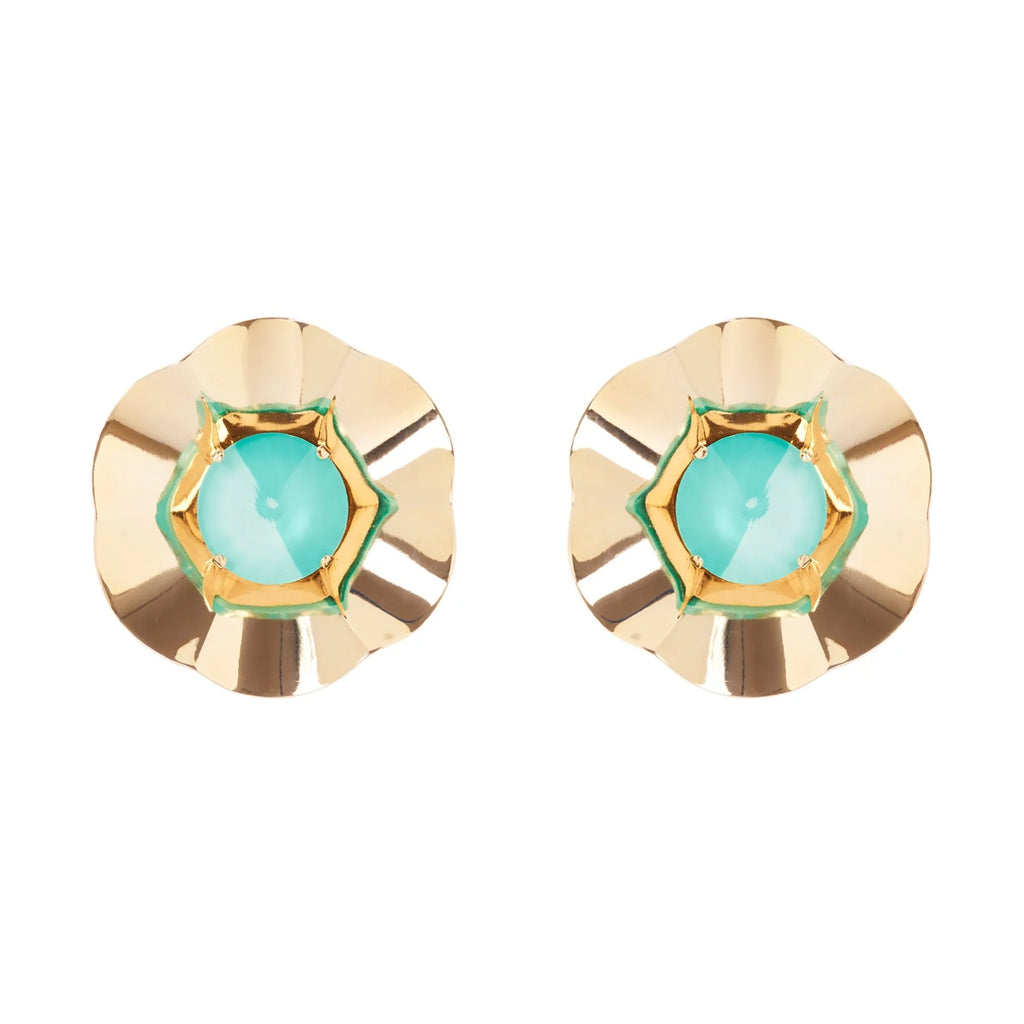 SODINI Orecchini Grande Fiore Turchese e Oro con Cristallo Centrale