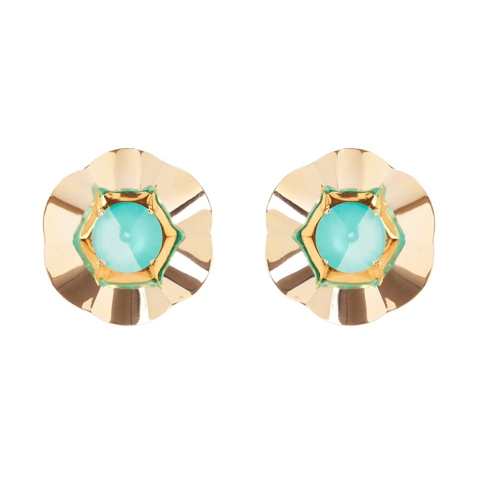 SODINI Orecchini Grande Fiore Turchese e Oro con Cristallo Centrale