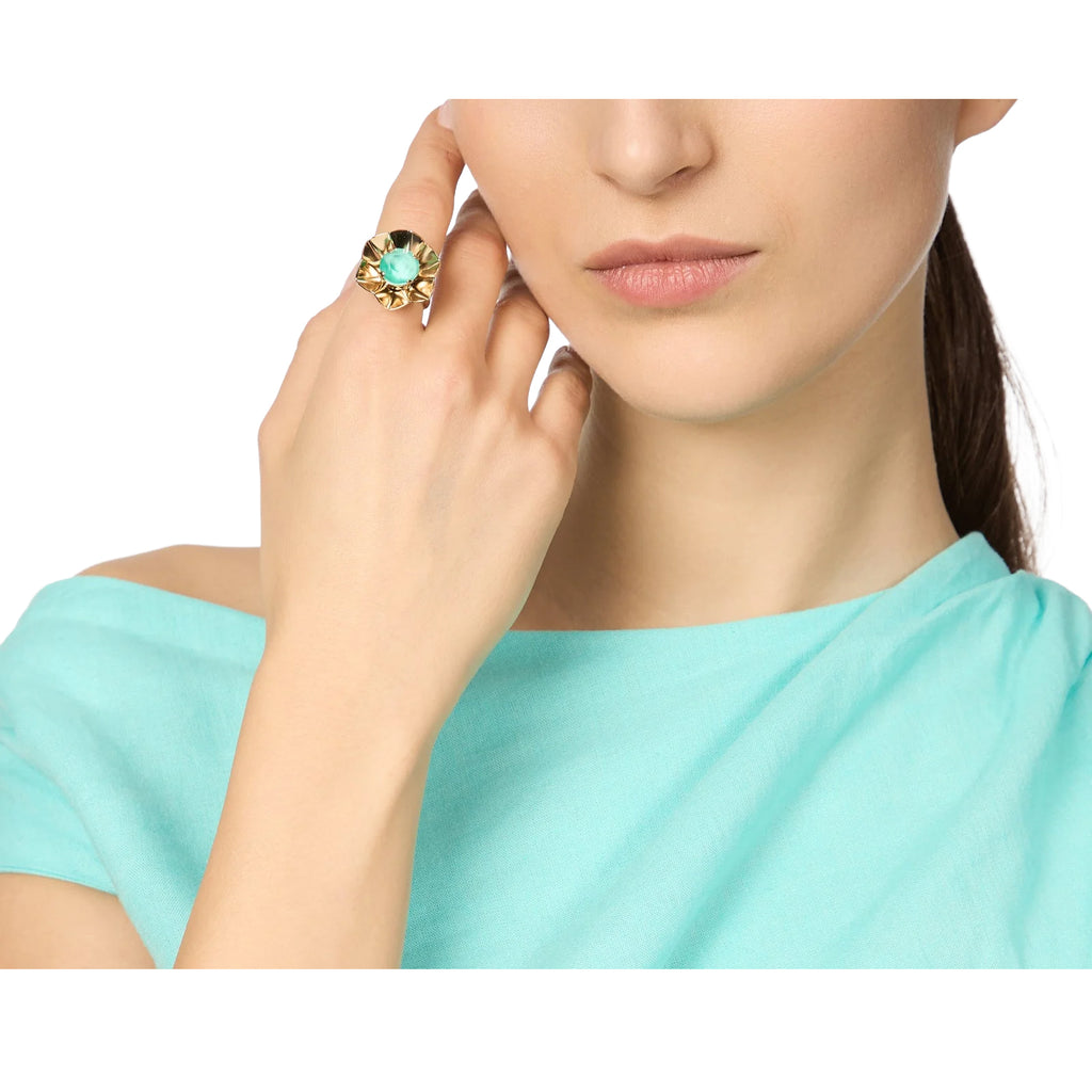 SODINI Anello Regolabile Ribera Turchese e Oro con Piccolo Fiore e Cristallo