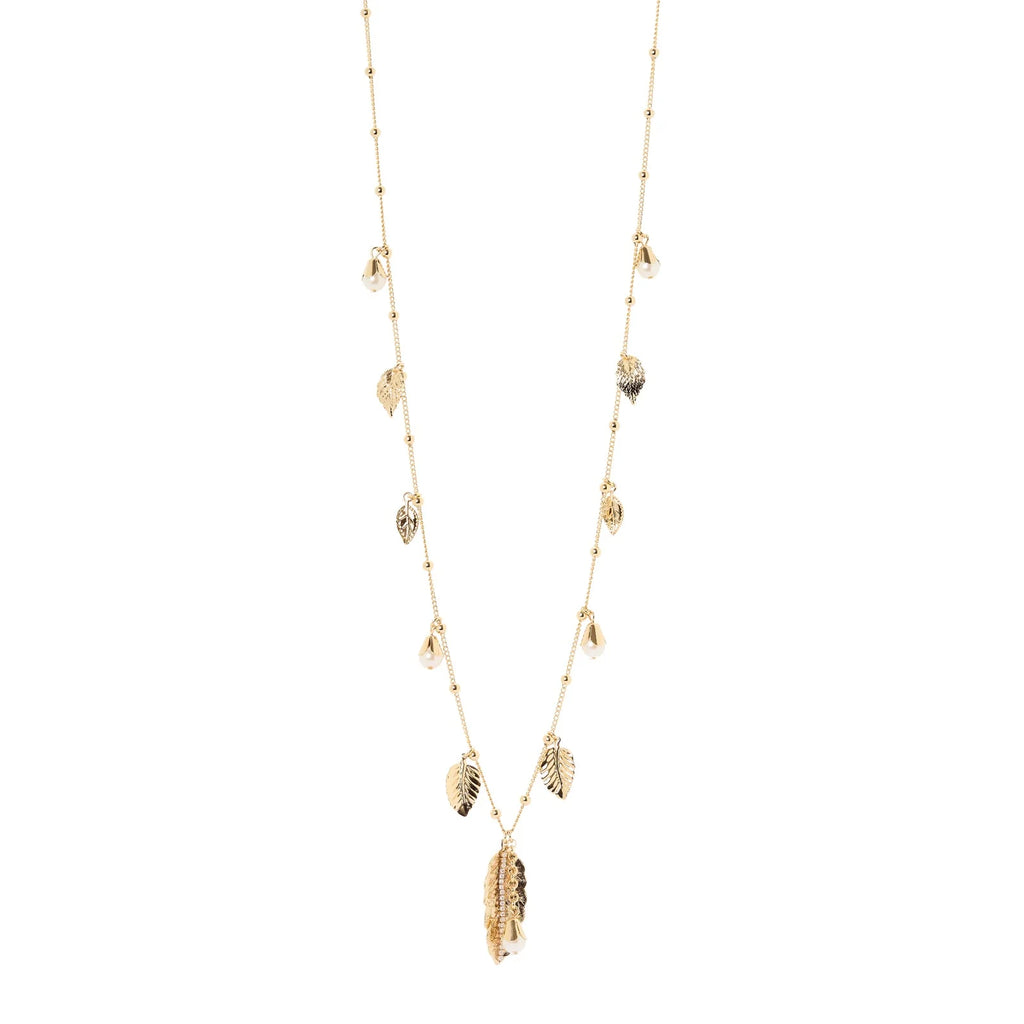 SODINI Collana Lunga Donna Daphne Oro con Foglie Pendenti, Perle e Strass 552521