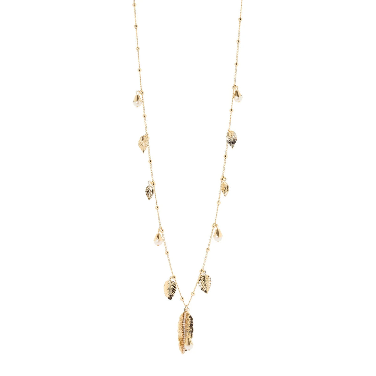 SODINI Collana Lunga Donna Daphne Oro con Foglie Pendenti, Perle e Strass 552521