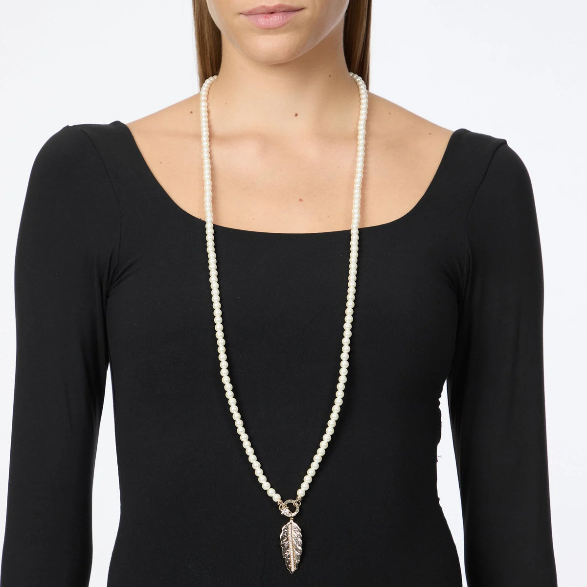 SODINI Collana Lunga Donna Daphne Oro con Perle, Foglia Pendente e Strass 552522