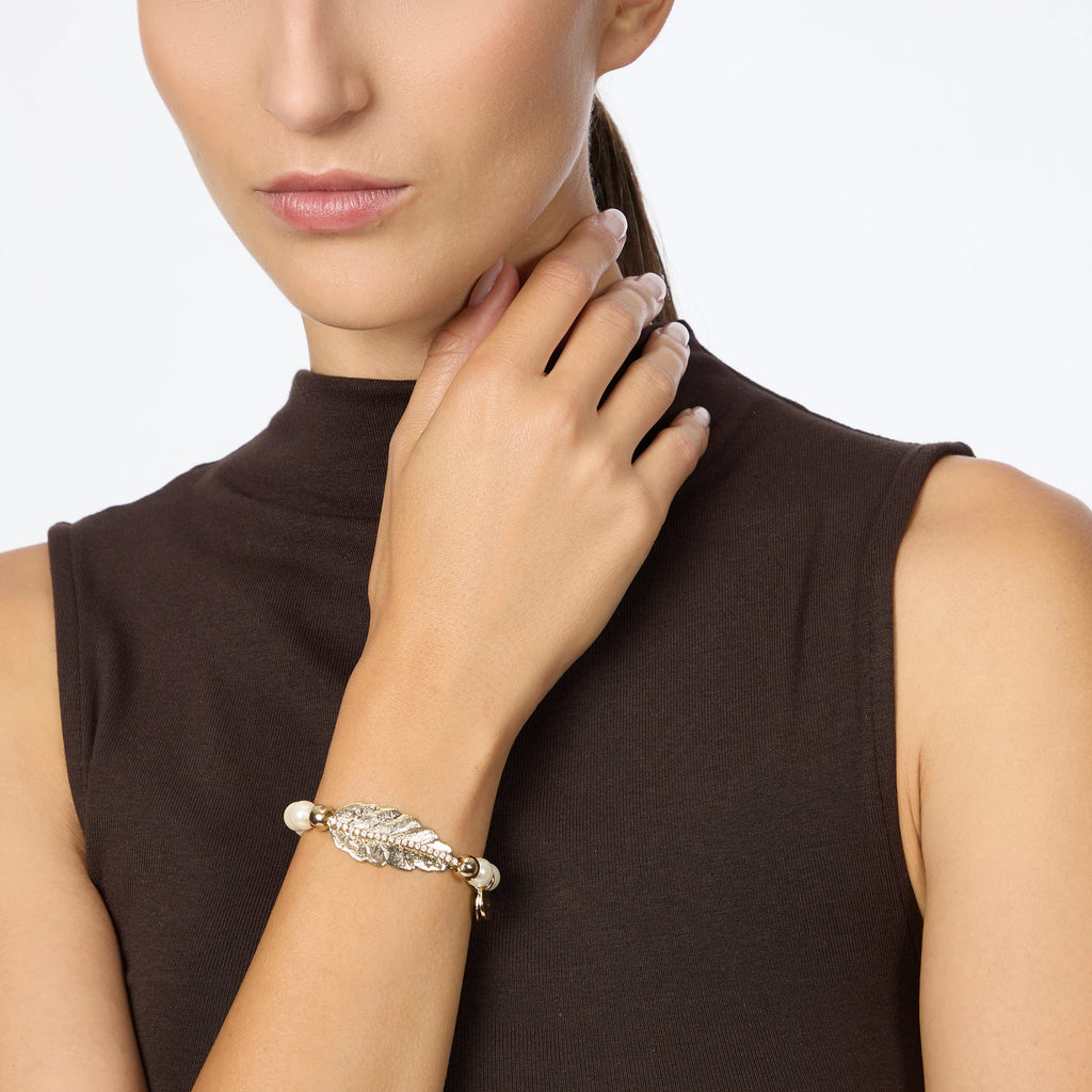 SODINI Bracciale Elastico Donna Daphne Oro con Perle, Foglia Dorata e Zirconi 552531
