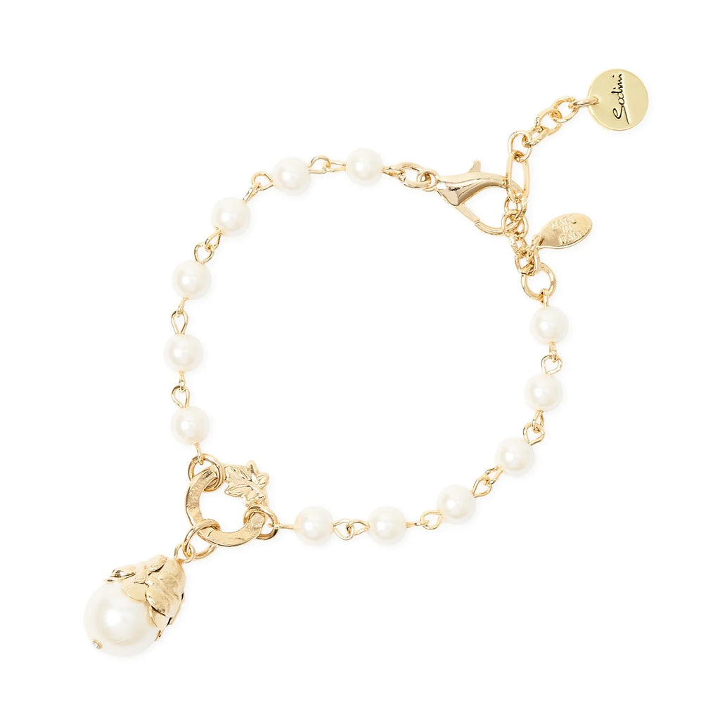 SODINI Bracciale Donna Daphne Oro con Perle Incatenate, Perla Pendente e Foglie Dorate 552533