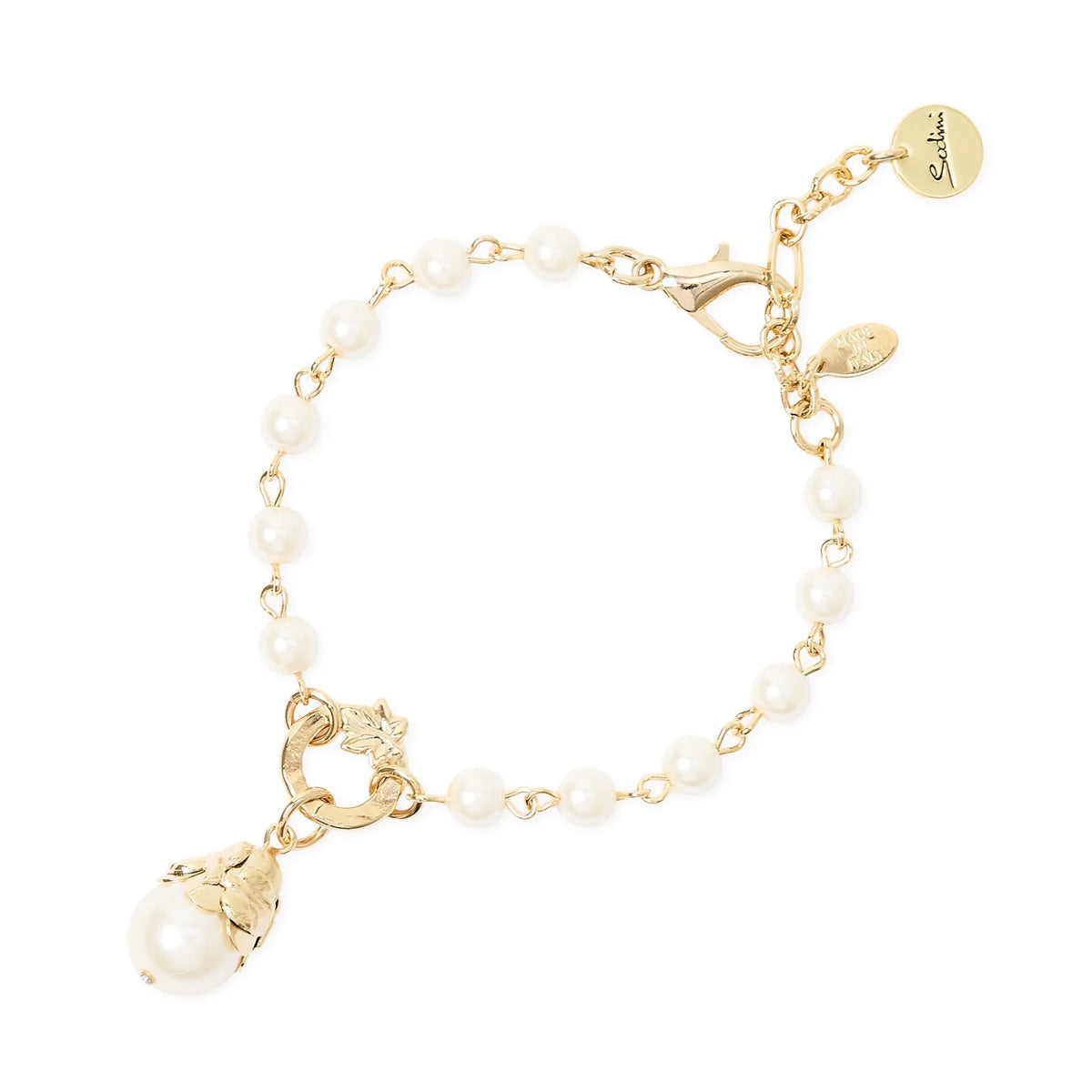 SODINI Bracciale Donna Daphne Oro con Perle Incatenate, Perla Pendente e Foglie Dorate 552533